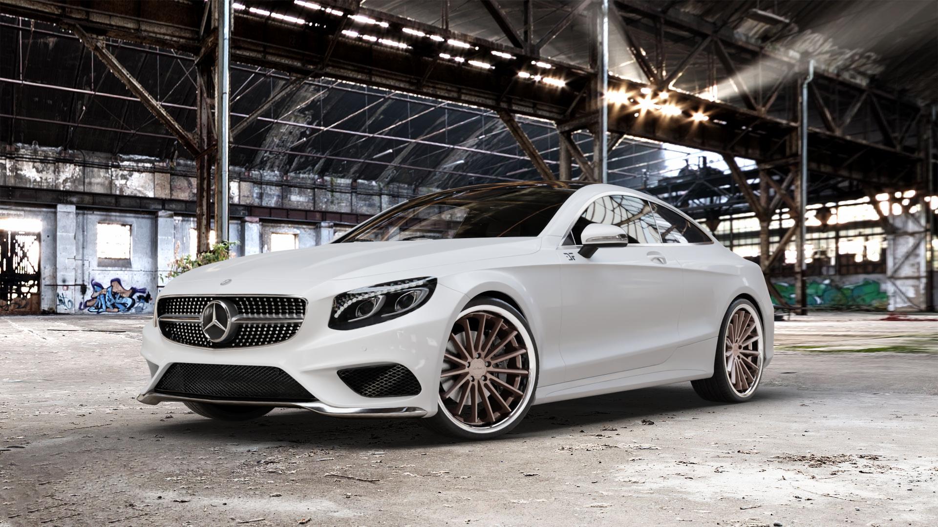 La Chanti Performance LC-P12 Brushed Bronze / Chrome Lip Felge mit Reifen in 22Zoll Alufelge auf weissem Mercedes S-Klasse Typ C217 Facelift Coupe ⬇️ mit 15mm Tieferlegung ⬇️ Old Industrial Hall_max_5300mm_2024 Frontansicht_1