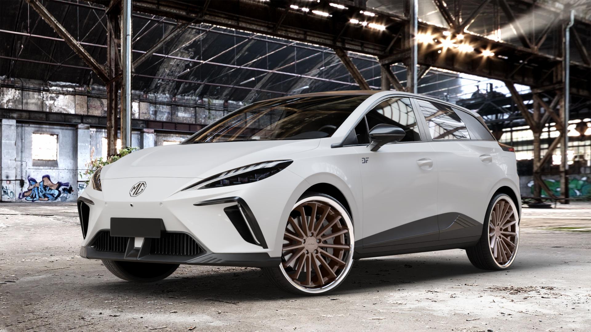 La Chanti Performance LC-P12 Brushed Bronze / Chrome Lip Felge mit Reifen in 22Zoll Alufelge auf weissem MG MG4 Typ SEH3 ⬇️ mit 15mm Tieferlegung ⬇️ Old Industrial Hall_max_4400mm_2024 Frontansicht_1