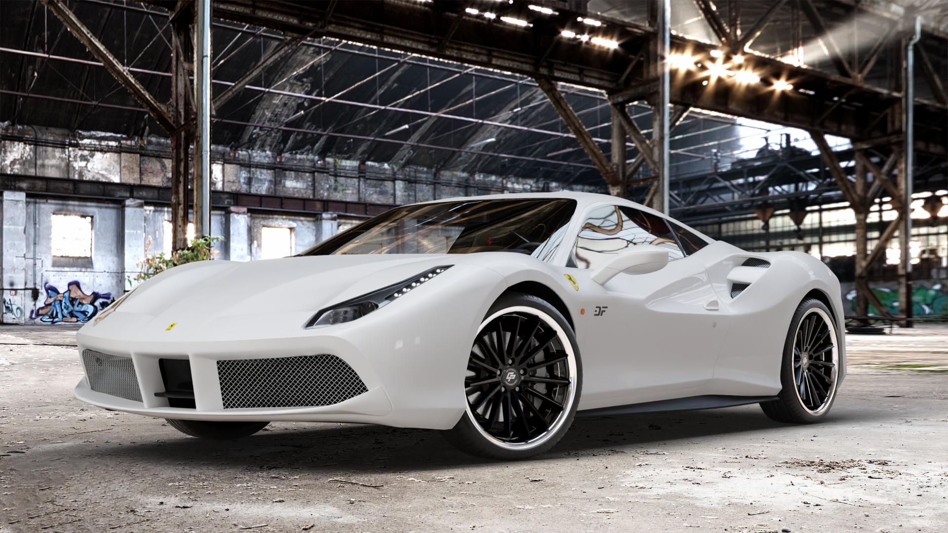 La Chanti Performance LC-P12 Glossy Black / Chrome Lip Felge mit Reifen schwarz in 20Zoll Alufelge auf weissem Ferrari 488 GTB ⬇️ mit 15mm Tieferlegung ⬇️ Old Industrial Hall_max_4400mm_2024 Frontansicht_1