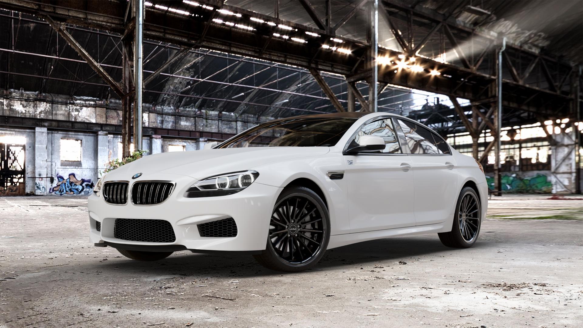 La Chanti Performance LC-P12 Glossy Black Felge mit Reifen schwarz in 20Zoll Winterfelge Alufelge auf weissem BMW M6 Gran Coupe Typ F06 4,4l 412kW (560 PS) 423kW Competition (575 441kW Edition 30 (600 ⬇️ mit 15mm Tieferlegung ⬇️ Old Industrial Hall_max_5300mm_2024 Frontansicht_1