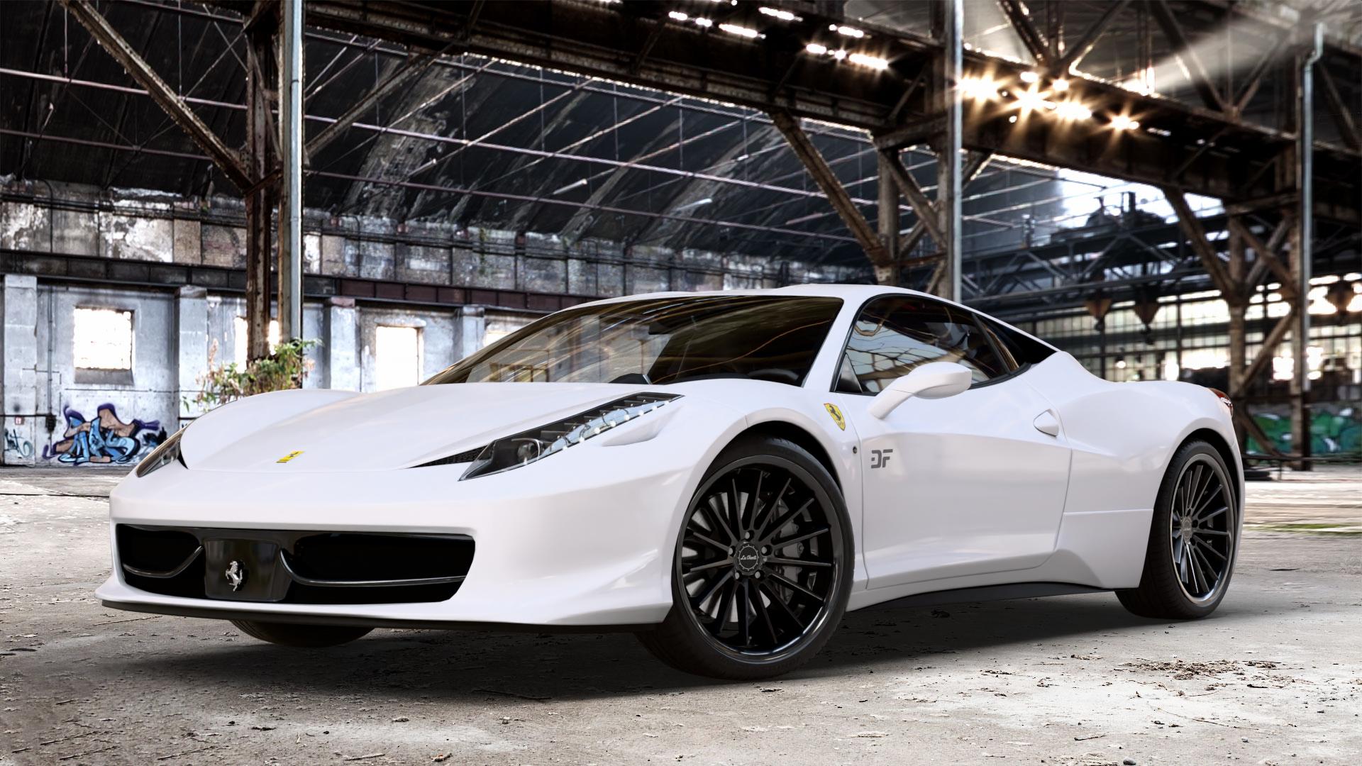 La Chanti Performance LC-P12 Glossy Black Felge mit Reifen schwarz in 20Zoll Winterfelge Alufelge auf weissem Ferrari 458 Italia ⬇️ mit 15mm Tieferlegung ⬇️ Old Industrial Hall_max_4400mm_2024 Frontansicht_1