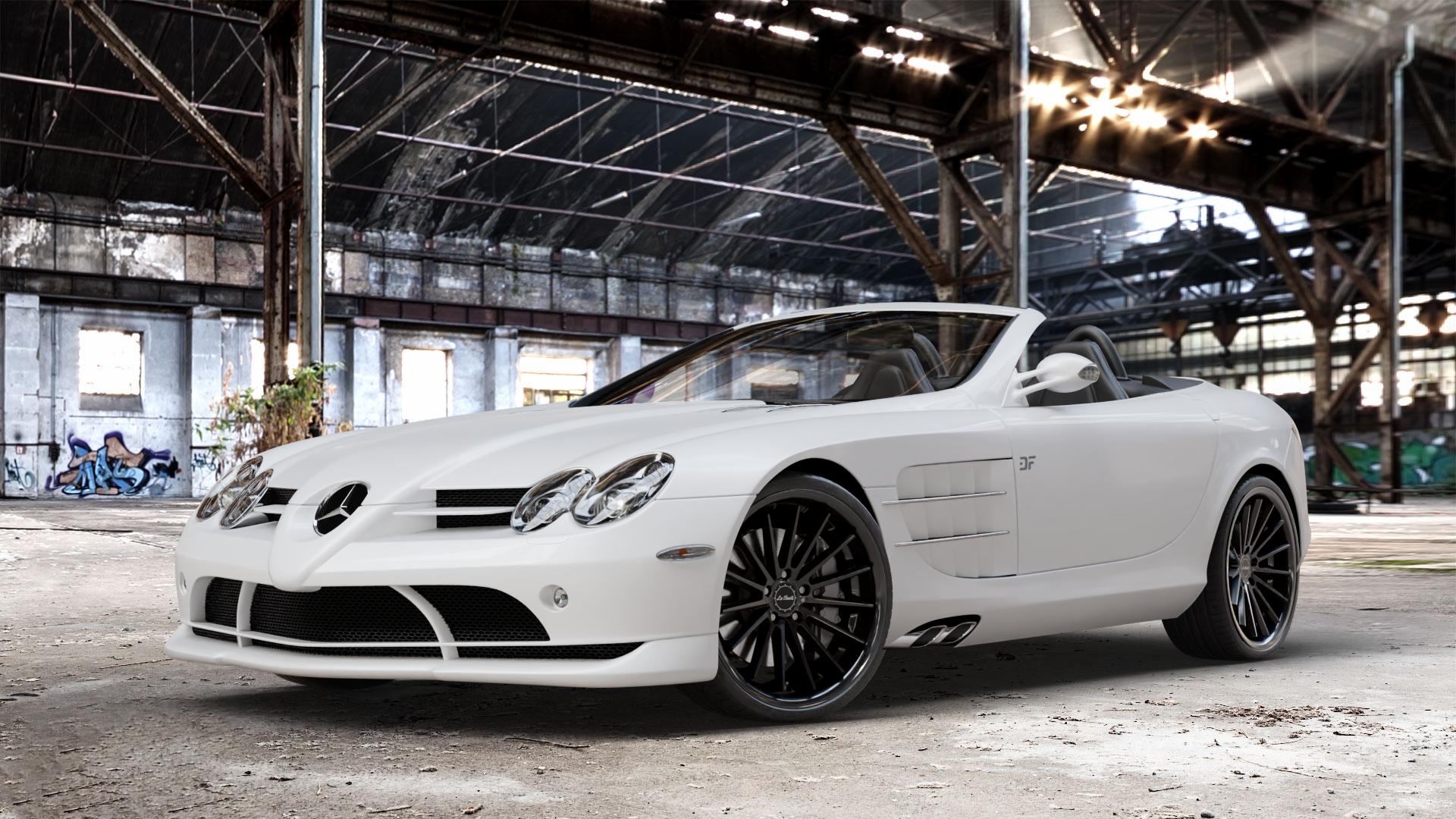 La Chanti Performance LC-P12 Glossy Black Felge mit Reifen schwarz in 20Zoll Winterfelge Alufelge auf weissem Mercedes SLR Typ R199 Roadster ⬇️ mit 15mm Tieferlegung ⬇️ Old Industrial Hall_max_4400mm_2024 Frontansicht_1