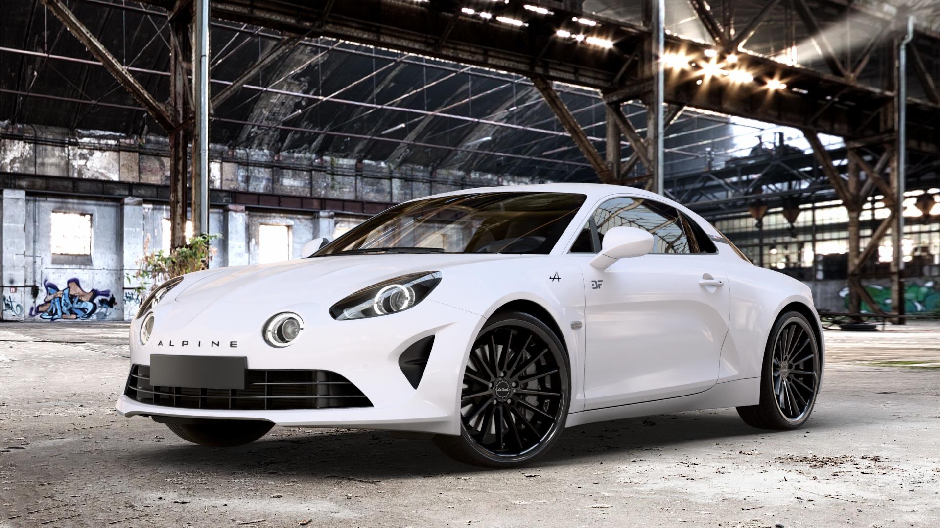 La Chanti Performance LC-P12 Glossy Black Felge mit Reifen schwarz in 20Zoll Winterfelge Alufelge auf weissem Renault Alpine A110 Typ AEF ⬇️ mit 15mm Tieferlegung ⬇️ Old Industrial Hall_max_4400mm_2024 Frontansicht_1