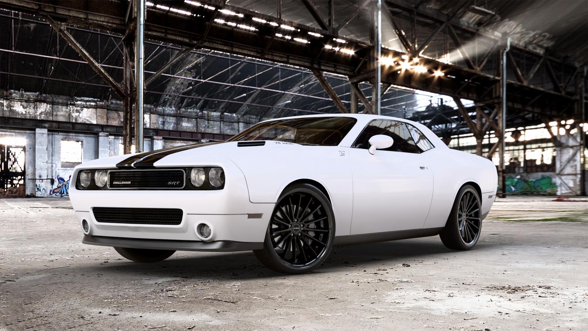 La Chanti Performance LC-P12 Glossy Black Felge mit Reifen schwarz in 22Zoll Winterfelge Alufelge auf weissem Dodge Challenger (08-) Typ LC ⬇️ mit 15mm Tieferlegung ⬇️ Old Industrial Hall_max_5300mm_2024 Frontansicht_1