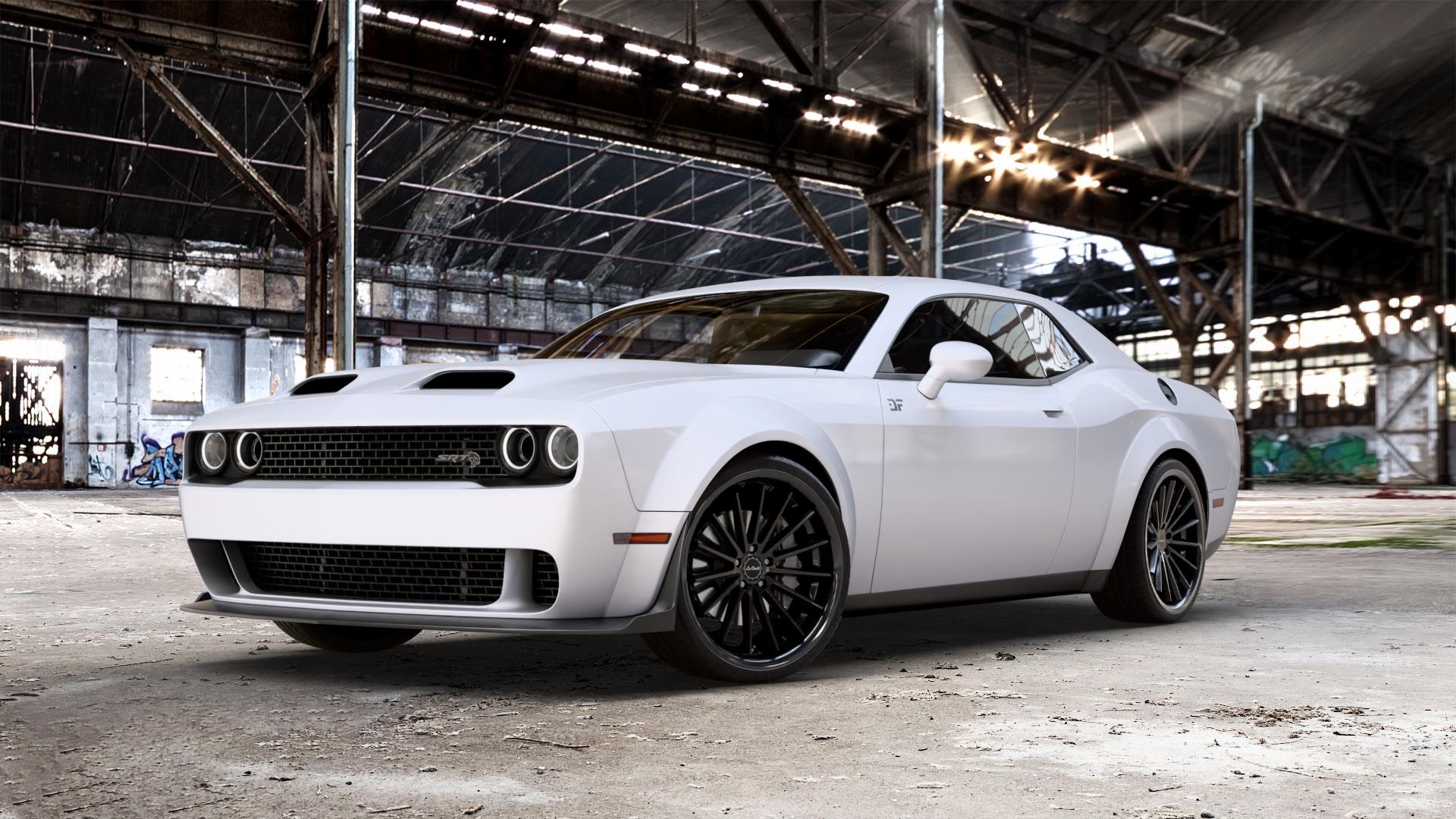 La Chanti Performance LC-P12 Glossy Black Felge mit Reifen schwarz in 22Zoll Winterfelge Alufelge auf weissem Dodge Challenger (15-) Typ LC ⬇️ mit 15mm Tieferlegung ⬇️ Old Industrial Hall_max_5300mm_2024 Frontansicht_1