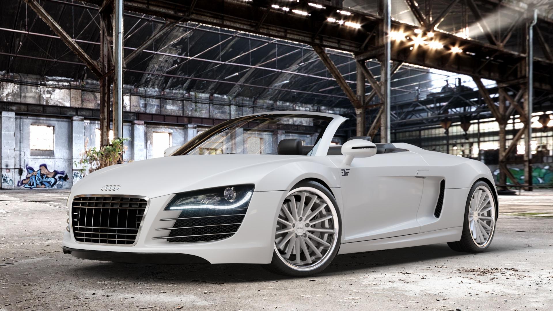 La Chanti Performance LC-P12 Machined Silver / Chrome Lip Felge mit Reifen silber in 20Zoll Alufelge auf weissem Audi R8 Spyder Typ 42 Facelift 12-> ⬇️ mit 15mm Tieferlegung ⬇️ Old Industrial Hall_max_4400mm_2024 Frontansicht_1