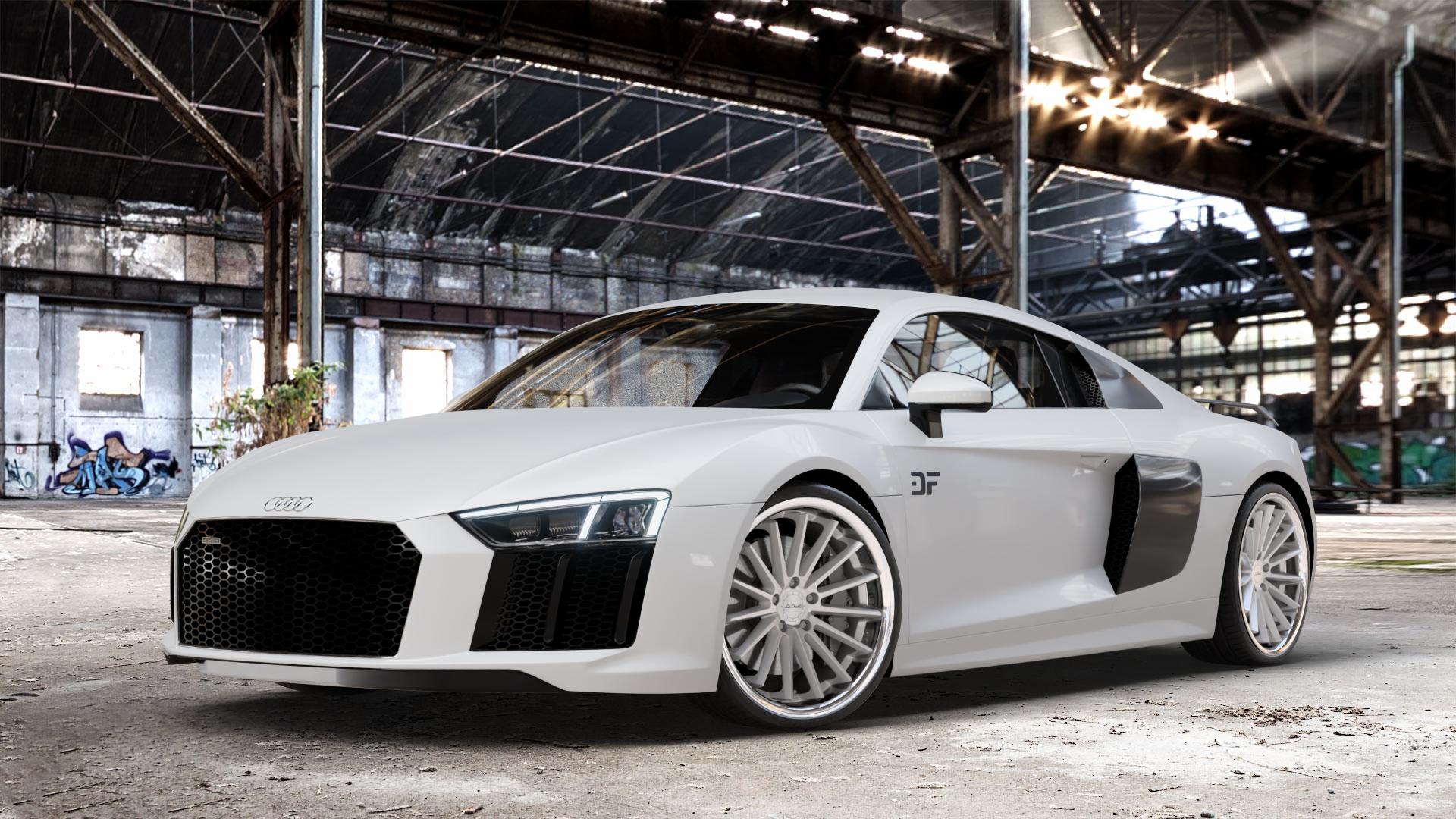 La Chanti Performance LC-P12 Machined Silver / Chrome Lip Felge mit Reifen silber in 20Zoll Alufelge auf weissem Audi R8 Typ 4S 15-> Spyder 16-> ⬇️ mit 15mm Tieferlegung ⬇️ Old Industrial Hall_max_4400mm_2024 Frontansicht_1