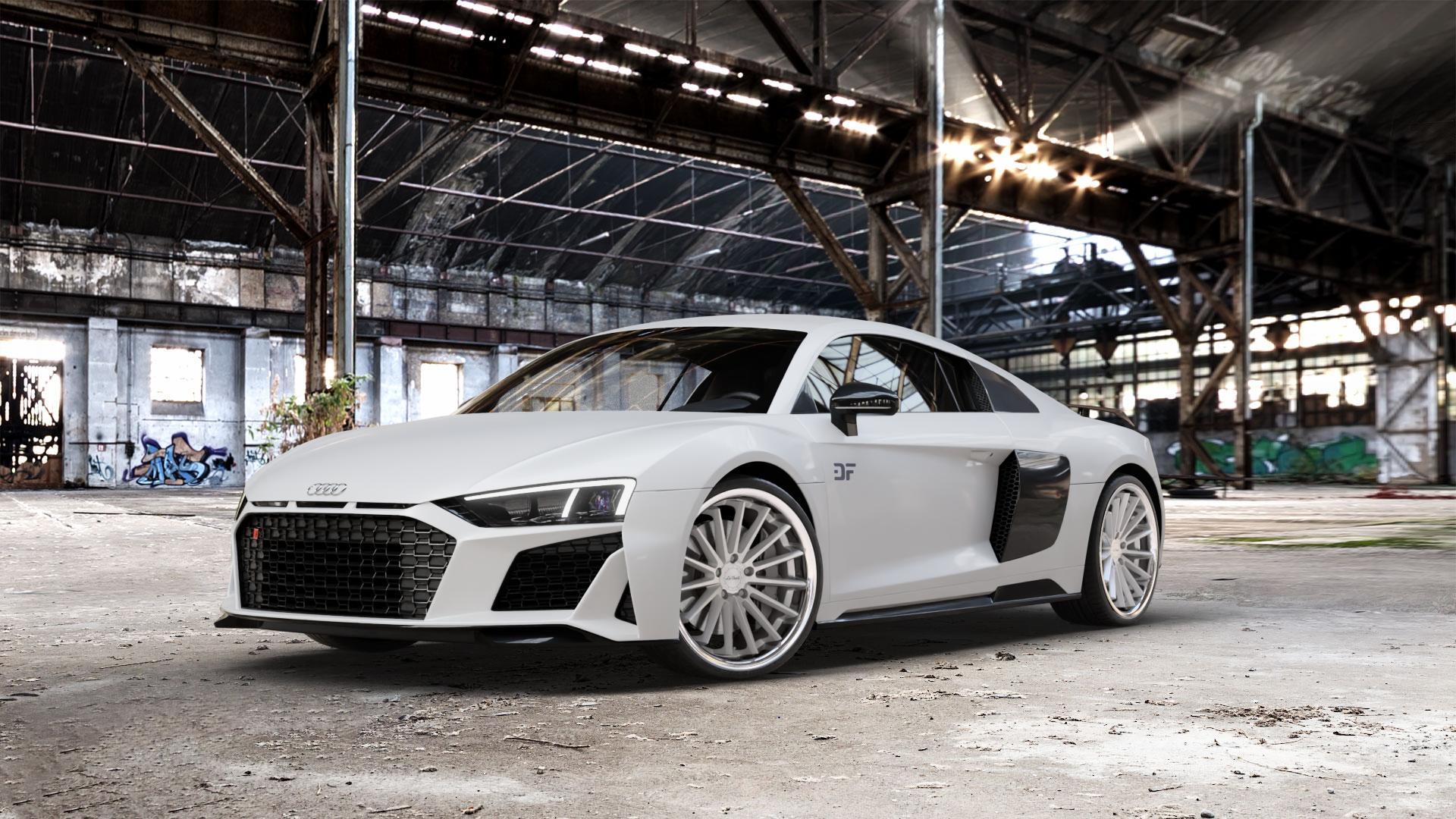 La Chanti Performance LC-P12 Machined Silver / Chrome Lip Felge mit Reifen silber in 20Zoll Alufelge auf weissem Audi R8 Typ 4S Facelift 19-> ⬇️ mit 15mm Tieferlegung ⬇️ Old Industrial Hall_max_5300mm_2024 Frontansicht_1