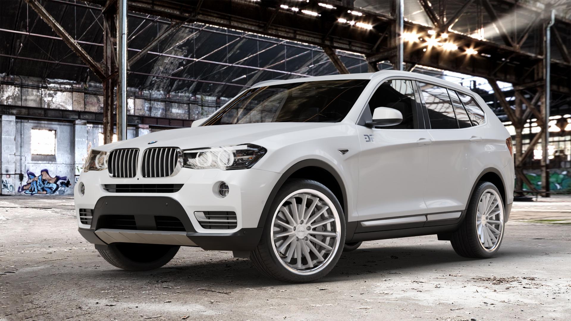 La Chanti Performance LC-P12 Machined Silver / Chrome Lip Felge mit Reifen silber in 20Zoll Alufelge auf weissem BMW X3 Typ F25 (X3, X-N1) Facelift ⬇️ mit 15mm Tieferlegung ⬇️ Old Industrial Hall_max_4400mm_2024 Frontansicht_1