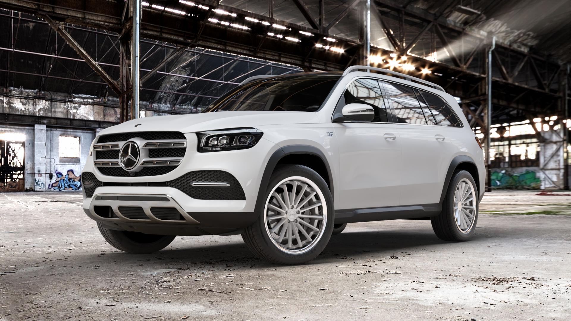 La Chanti Performance LC-P12 Machined Silver / Chrome Lip Felge mit Reifen silber in 22Zoll Alufelge auf weissem Mercedes GLS-Klasse Typ 167 (H1GLE) 2,9l 350 d 4Matic 210kW (286 PS) 400 243kW (330 4,0l 580 360kW Mild-Hybrid (489 ⬇️ mit 15mm Tieferlegung ⬇️ Old Industrial Hall_max_5300mm_2024 Frontansicht_1