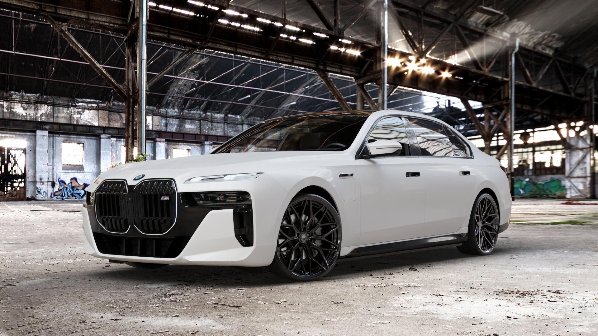 La Chanti Performance LC-P14 Glossy Black Felge mit Reifen schwarz in 22Zoll Winterfelge Alufelge auf weissem BMW M760e xDrive Typ G70 ⬇️ mit 15mm Tieferlegung ⬇️ Old Industrial Hall_max_5300mm_2024 Frontansicht_1