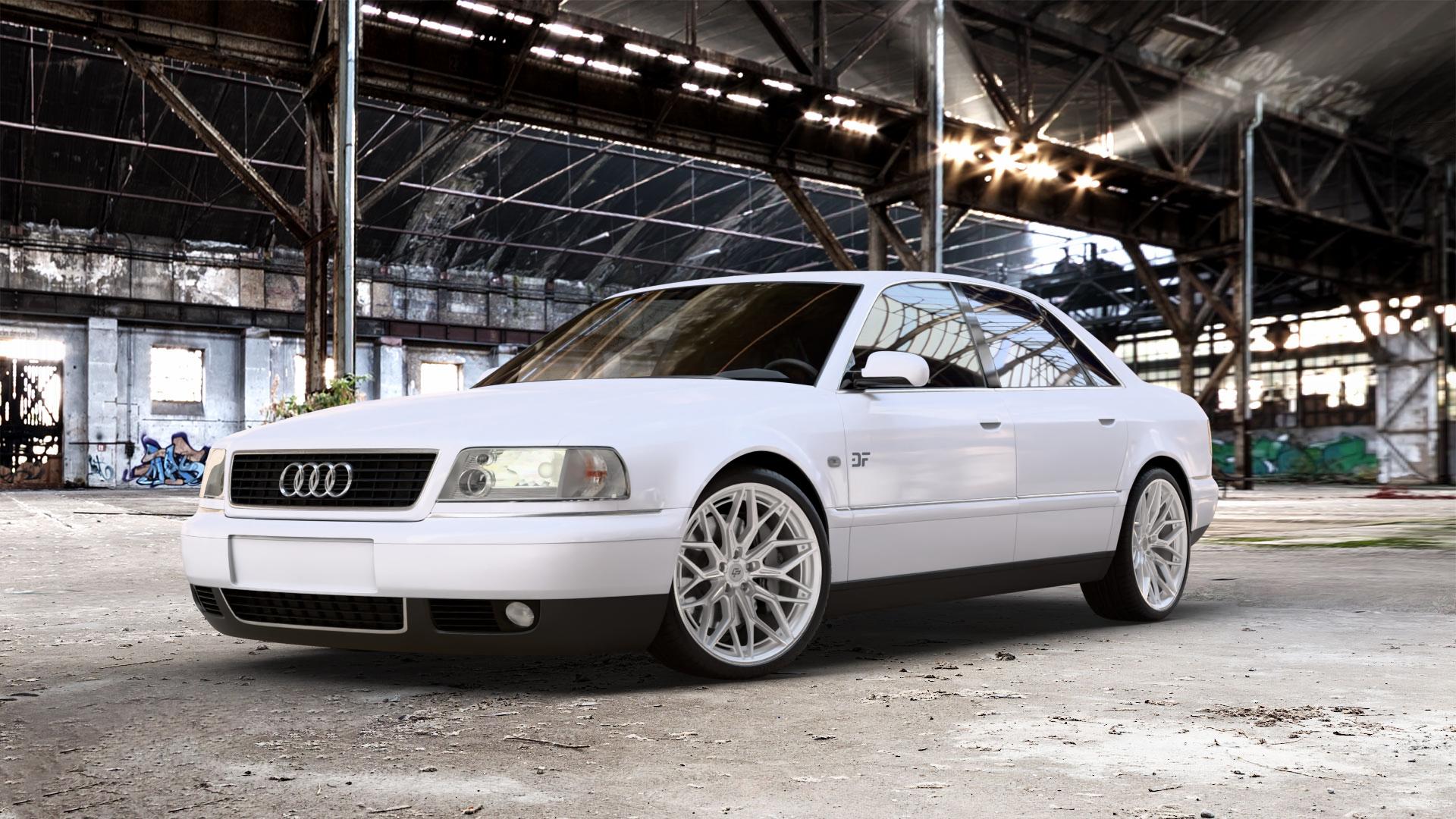 La Chanti Performance LC-P14 Machined Silver Felge mit Reifen silber in 20Zoll Alufelge auf weissem Audi A8 Typ D2/4D 2,8l 128kW (174 PS) 142kW (193 2,5l TDI 110kW (150 132kW (179 quattro ⬇️ mit 15mm Tieferlegung ⬇️ Old Industrial Hall_max_5300mm_2024 Frontansicht_1