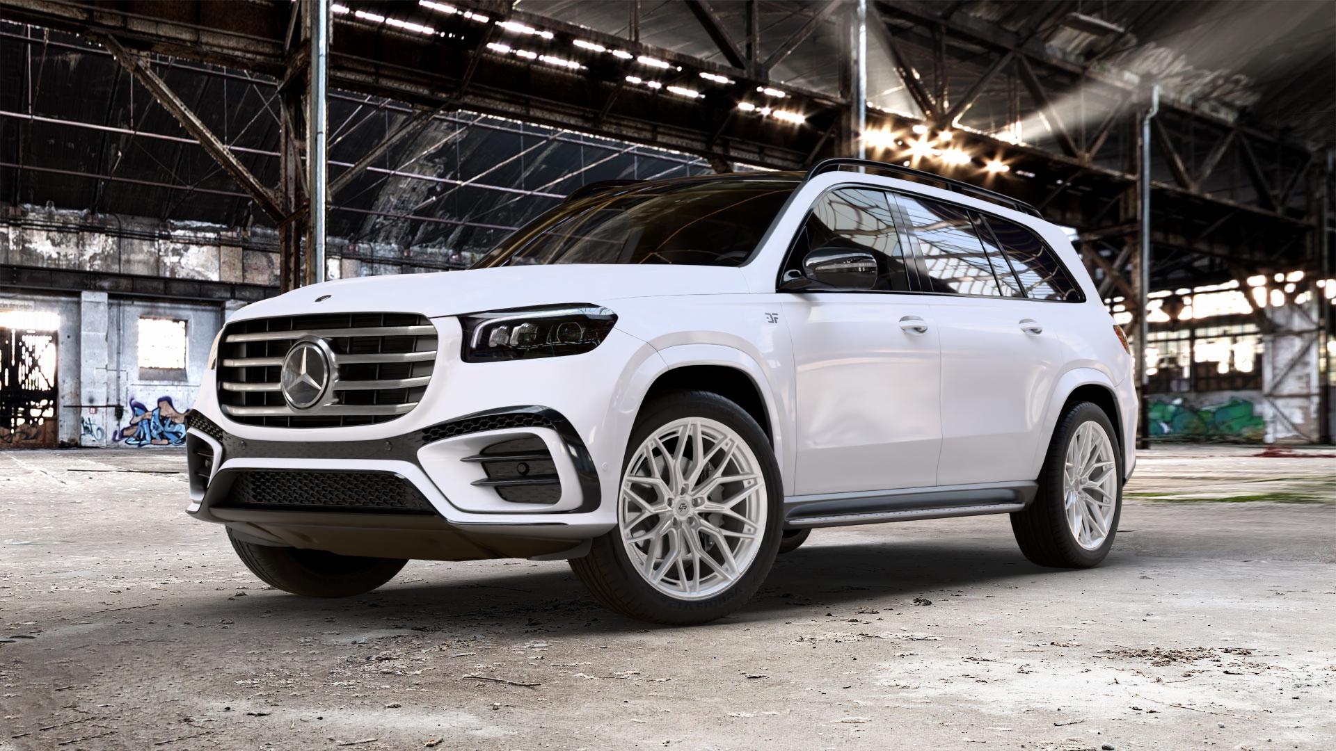 La Chanti Performance LC-P14 Machined Silver Felge mit Reifen silber in 22Zoll Alufelge auf weissem Mercedes GLS-Klasse Typ 167 (H1GLE) Facelift ⬇️ mit 15mm Tieferlegung ⬇️ Old Industrial Hall_max_5300mm_2024 Frontansicht_1