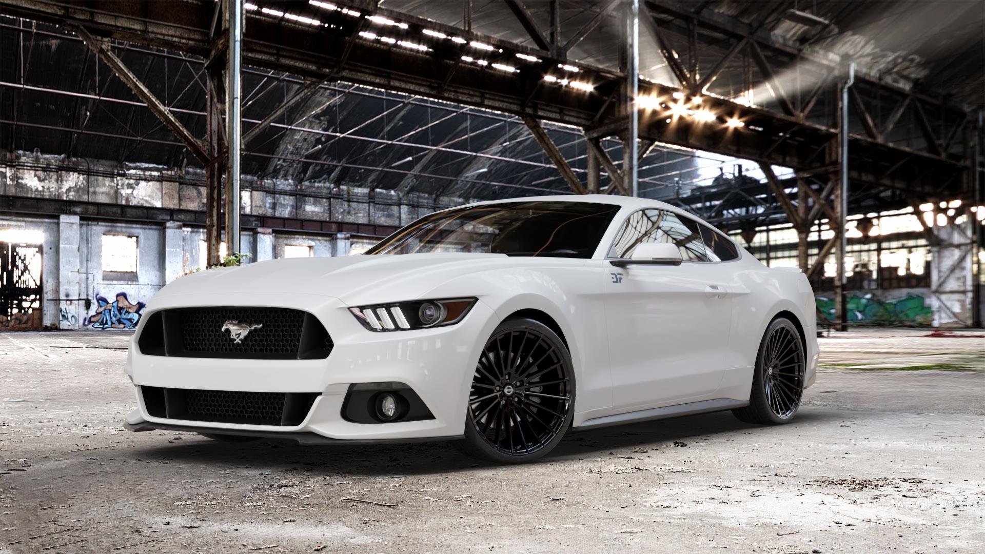La Chanti Performance LC-P17 Glossy Black Felge mit Reifen schwarz in 21Zoll Winterfelge Alufelge auf weissem Ford Mustang VI Coupe Typ LAE Cabrio ⬇️ mit 15mm Tieferlegung ⬇️ Old Industrial Hall_max_5300mm_2024 Frontansicht_1