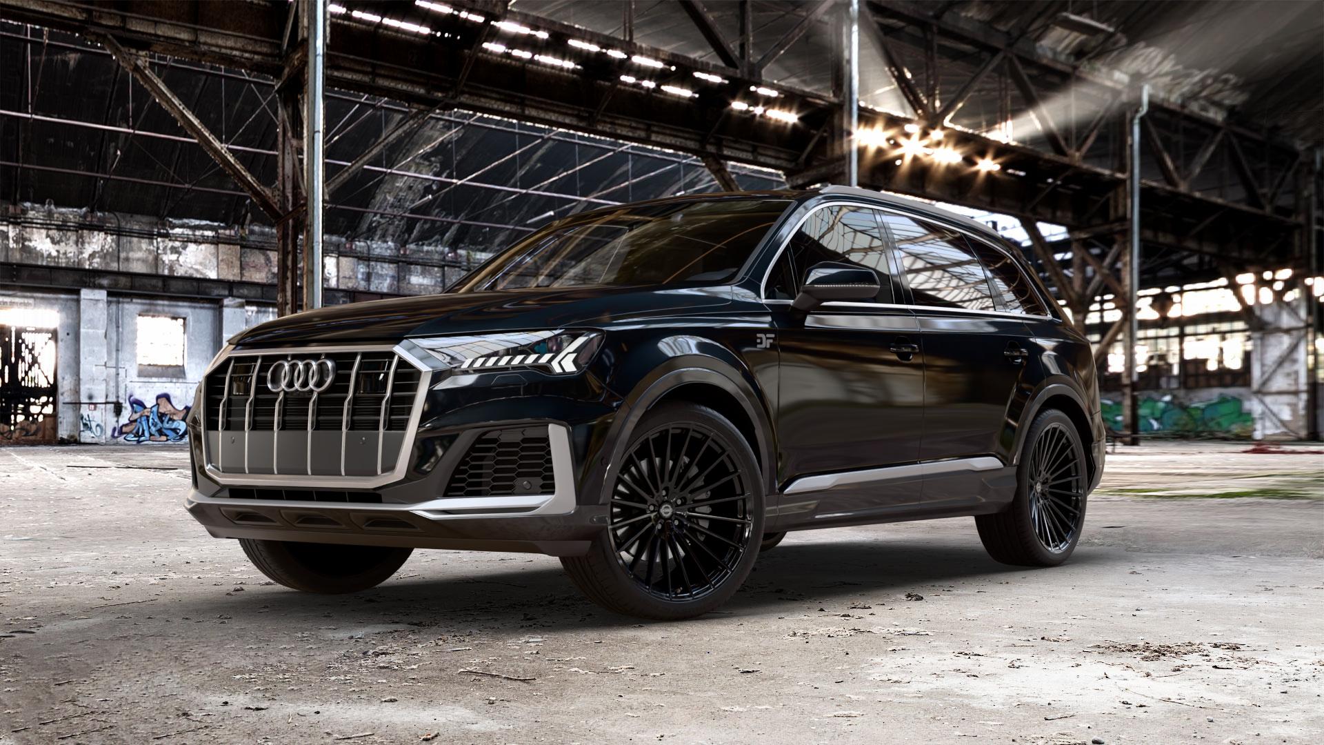 La Chanti Performance LC-P17 Glossy Black Felge mit Reifen schwarz in 22Zoll Winterfelge Alufelge auf metallic schwarzem Audi Q7 II Typ 4M (4L) Facelift 19-> ⬇️ mit 15mm Tieferlegung ⬇️ Old Industrial Hall_max_5300mm_2024 Frontansicht_1