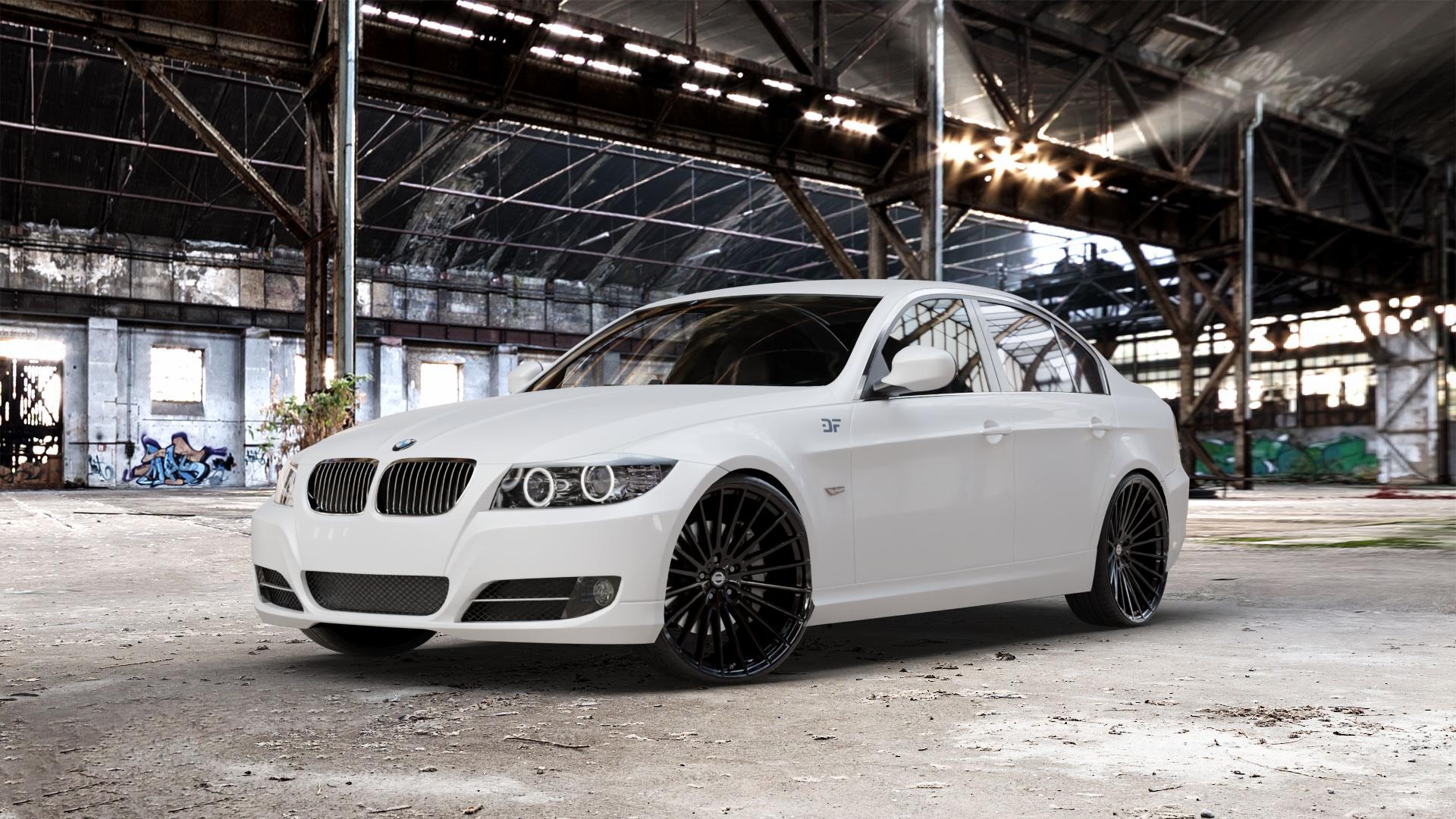 La Chanti Performance LC-P17 Glossy Black Felge mit Reifen schwarz in 22Zoll Winterfelge Alufelge auf weissem BMW 318i Typ E90 (Limousine) 320i 335i 335d 318d 320d 325i 330i 330d 316i 325xi 330xi 325d 330xd 320si M3 (M390) 320xd 316d 335xi 323i CRT 3er Limousine (390L, 3 ⬇️ mit 15mm Tieferlegung ⬇️ Old Industrial Hall_max_5300mm_2024 Frontansicht_1