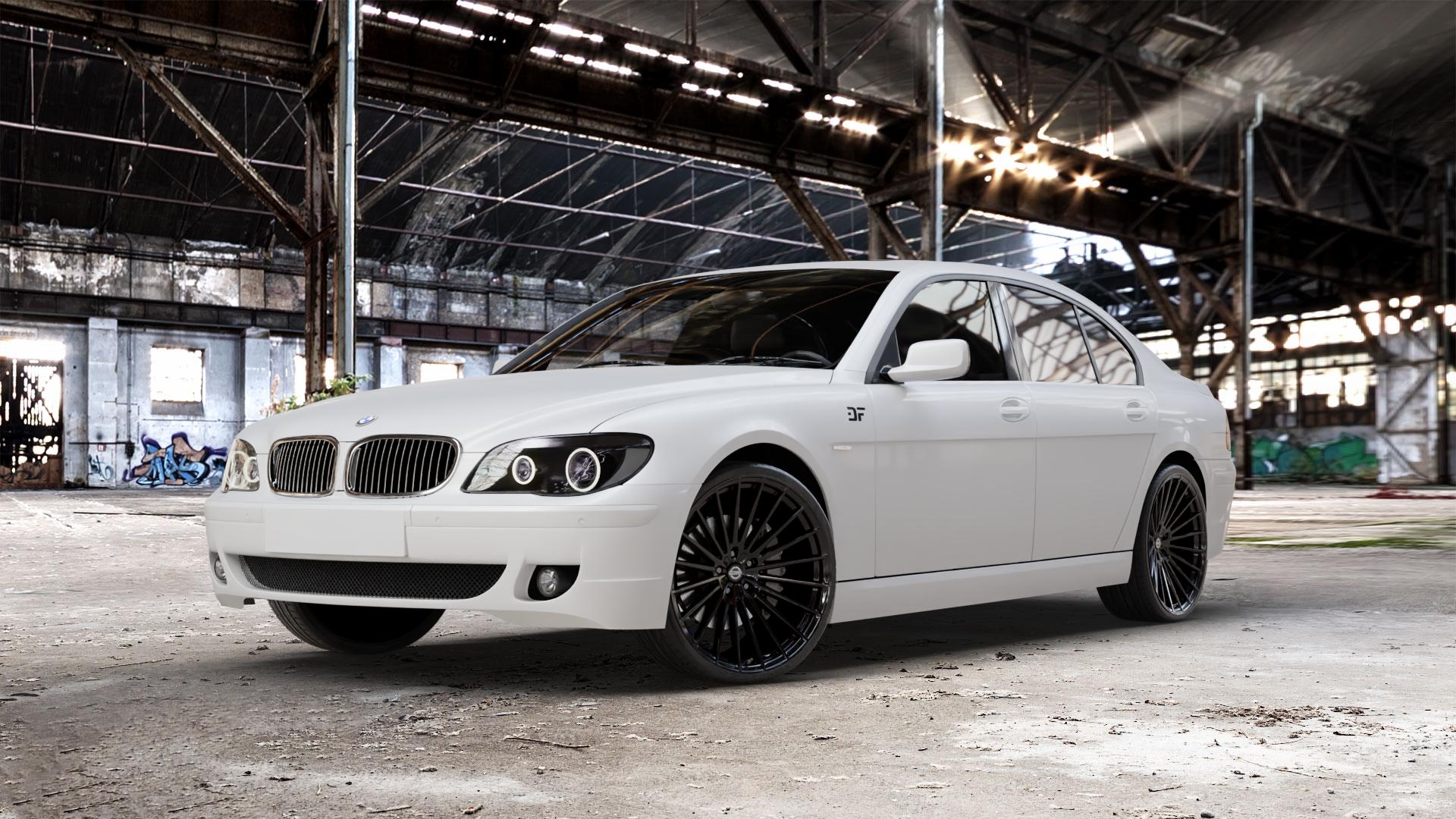 La Chanti Performance LC-P17 Glossy Black Felge mit Reifen schwarz in 22Zoll Winterfelge Alufelge auf weissem BMW 7er E65 Limousine (765, 767) E66 lang ⬇️ mit 15mm Tieferlegung ⬇️ Old Industrial Hall_max_5300mm_2024 Frontansicht_1