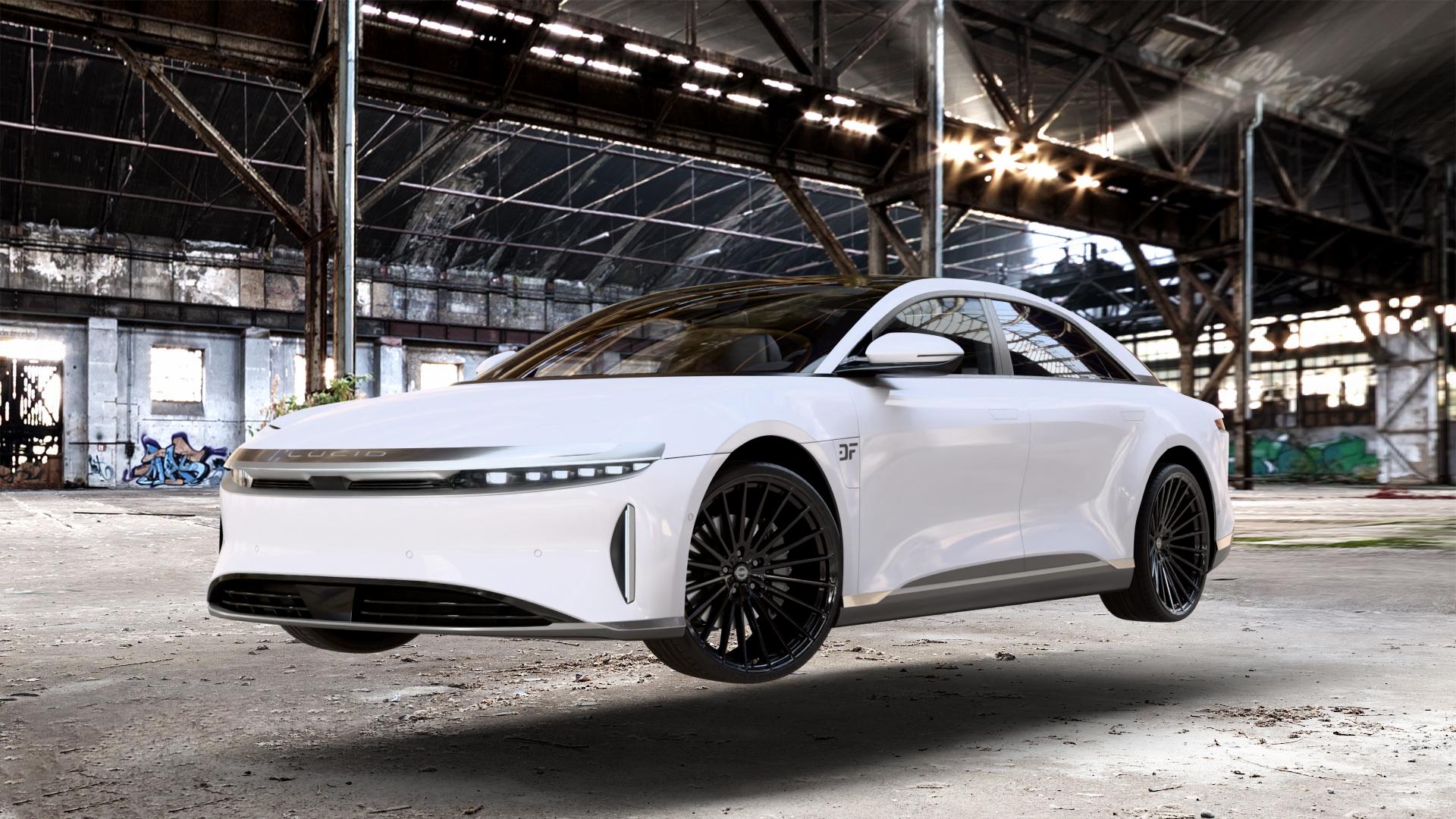 La Chanti Performance LC-P17 Glossy Black Felge mit Reifen schwarz in 22Zoll Winterfelge Alufelge auf weissem Lucid Air Typ A1 0,0l 271kW AWD (368 PS) 234kW (318 202kW (275 204kW (277 ⬇️ mit 15mm Tieferlegung ⬇️ Old Industrial Hall_max_5300mm_2024 Frontansicht_1