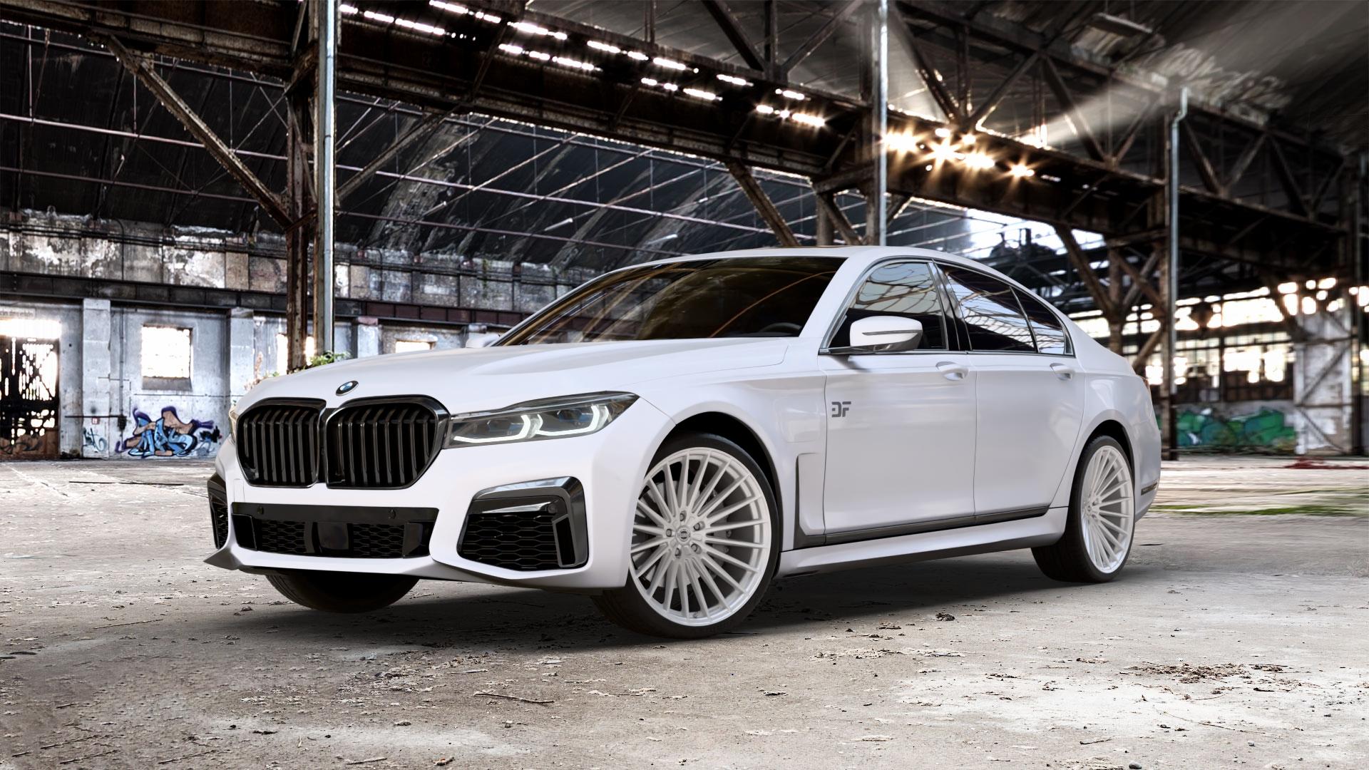 La Chanti Performance LC-P17 Machined Silver Felge mit Reifen silber in 21Zoll Alufelge auf weissem BMW 730i Typ G11 Facelift 740i 745e 750i xDrive 7er Limousine (7L) ⬇️ mit 15mm Tieferlegung ⬇️ Old Industrial Hall_max_5300mm_2024 Frontansicht_1
