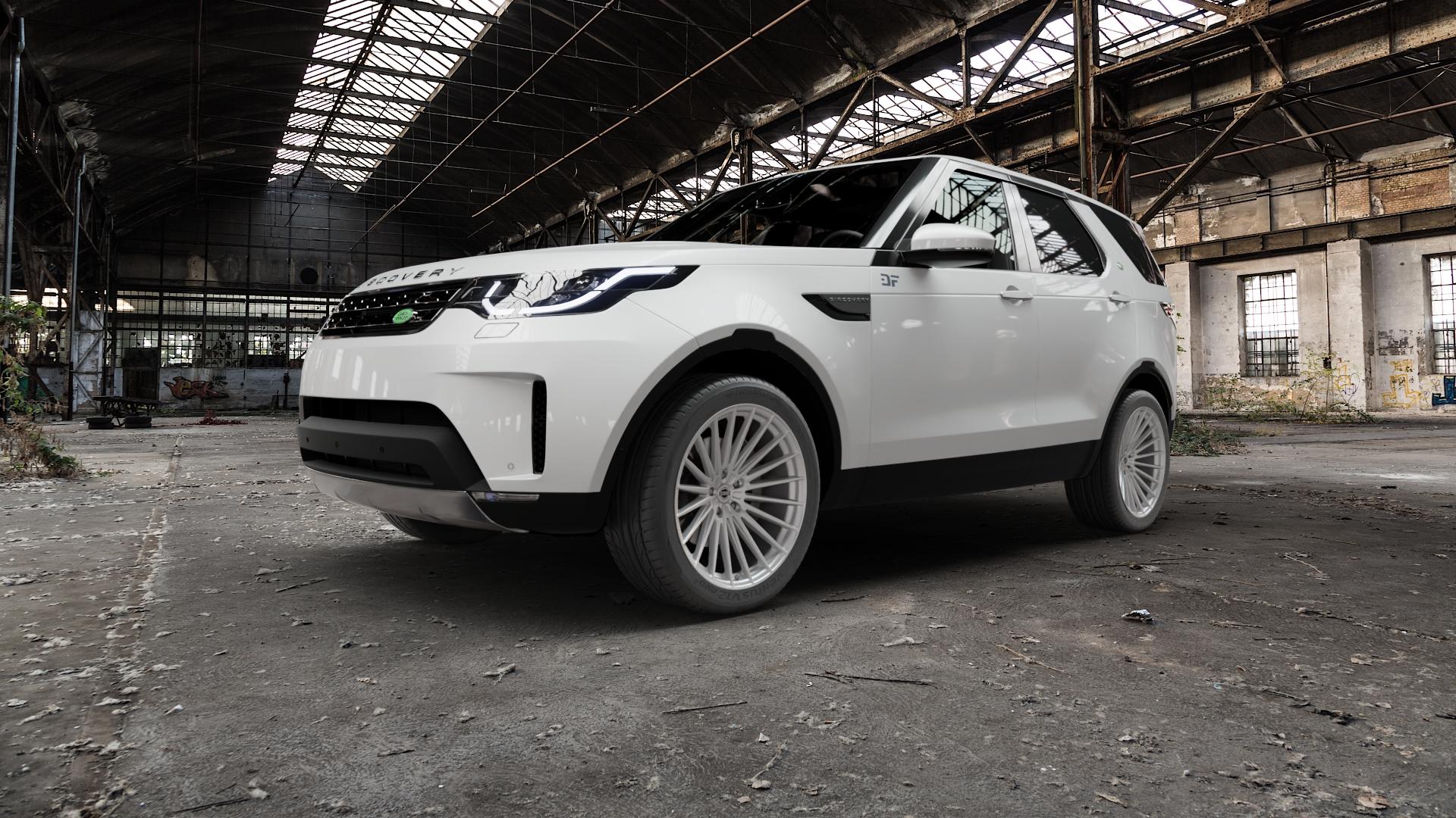 La Chanti Performance LC-P17 Machined Silver Felge mit Reifen silber in 21Zoll Alufelge auf weissem Land Rover Discovery V Typ LR ⬇️ mit 15mm Tieferlegung ⬇️ Old Industrial Hall_max5000mm_2022 Frontansicht_1