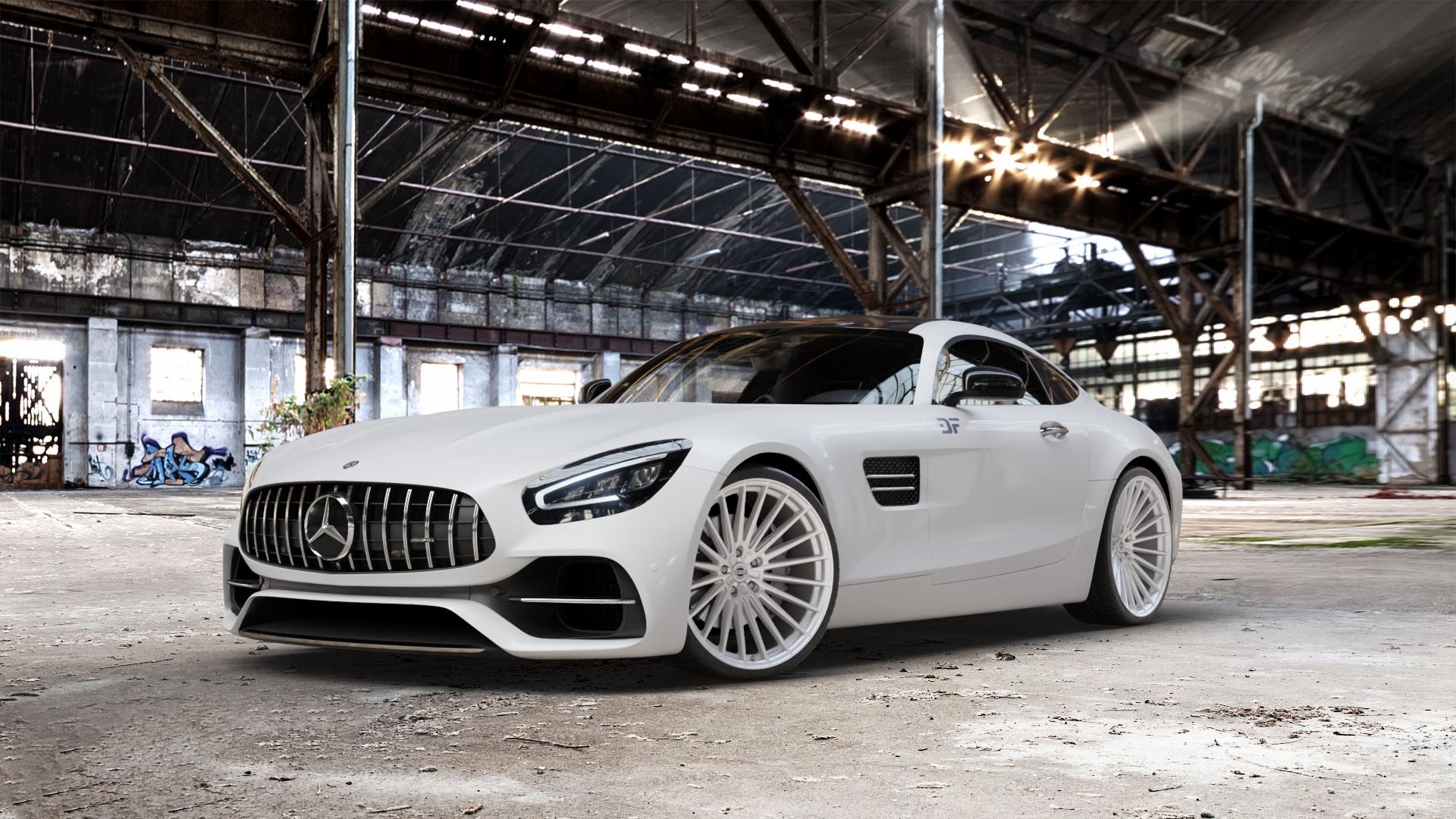 La Chanti Performance LC-P17 Machined Silver Felge mit Reifen silber in 21Zoll Alufelge auf weissem Mercedes AMG GT Typ 197 ⬇️ mit 15mm Tieferlegung ⬇️ Old Industrial Hall_max_5300mm_2024 Frontansicht_1