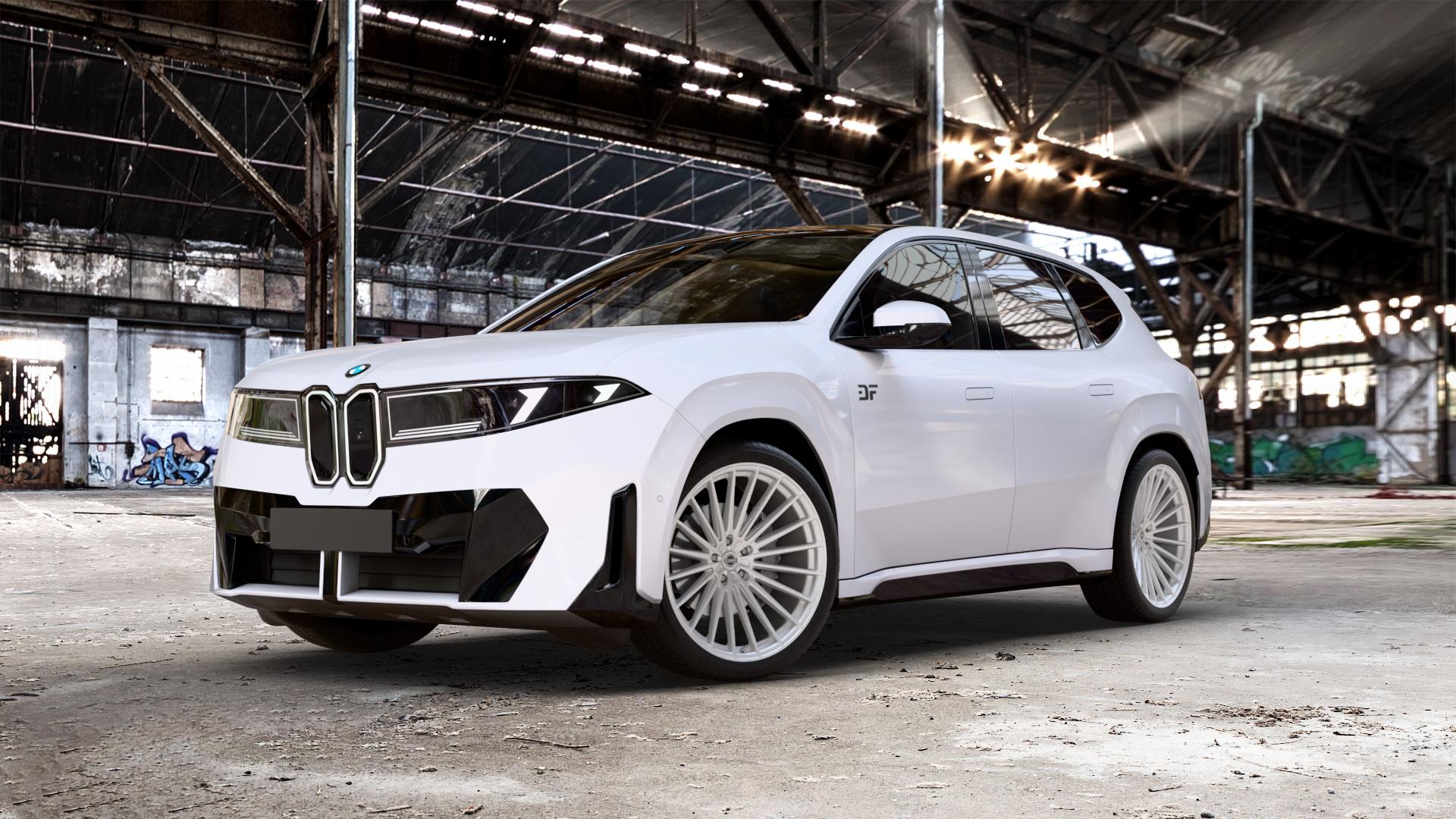 La Chanti Performance LC-P17 Machined Silver Felge mit Reifen silber in 22Zoll Alufelge auf Weiss Uni BMW iX3 (N-XA) ⬇️ mit 15mm Tieferlegung ⬇️ Old Industrial Hall_max_5300mm_2024 Frontansicht_1