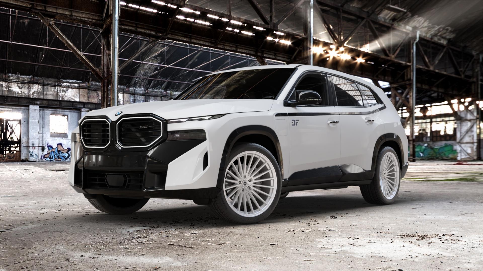 La Chanti Performance LC-P17 Machined Silver Felge mit Reifen silber in 22Zoll Alufelge auf weissem BMW XM Typ G09 (F56XM) 3,0l 50e 230kW Hybrid (313 PS) ⬇️ mit 15mm Tieferlegung ⬇️ Old Industrial Hall_max_5300mm_2024 Frontansicht_1