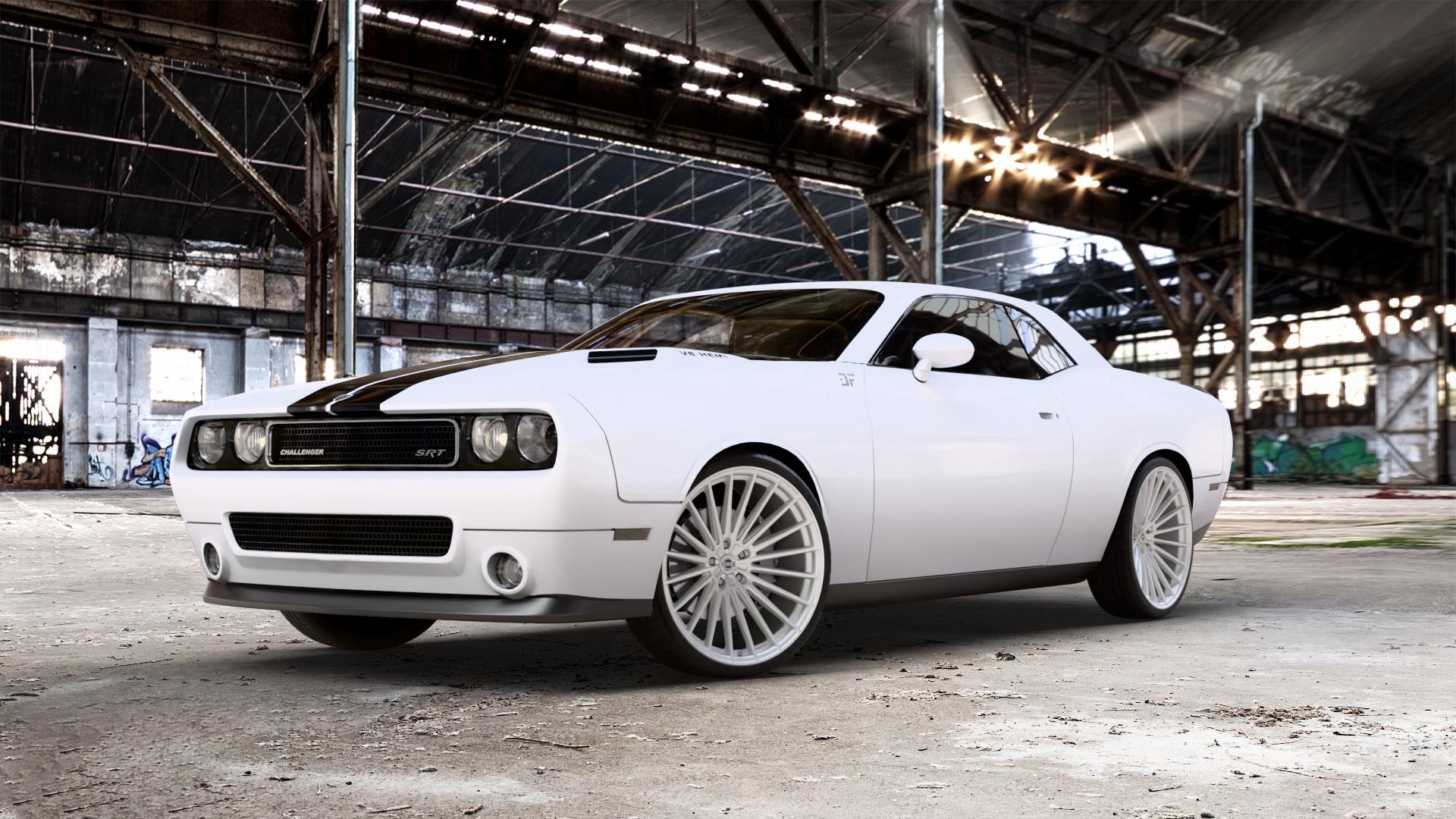 La Chanti Performance LC-P17 Machined Silver Felge mit Reifen silber in 22Zoll Alufelge auf weissem Dodge Challenger (08-) Typ LC ⬇️ mit 15mm Tieferlegung ⬇️ Old Industrial Hall_max_5300mm_2024 Frontansicht_1