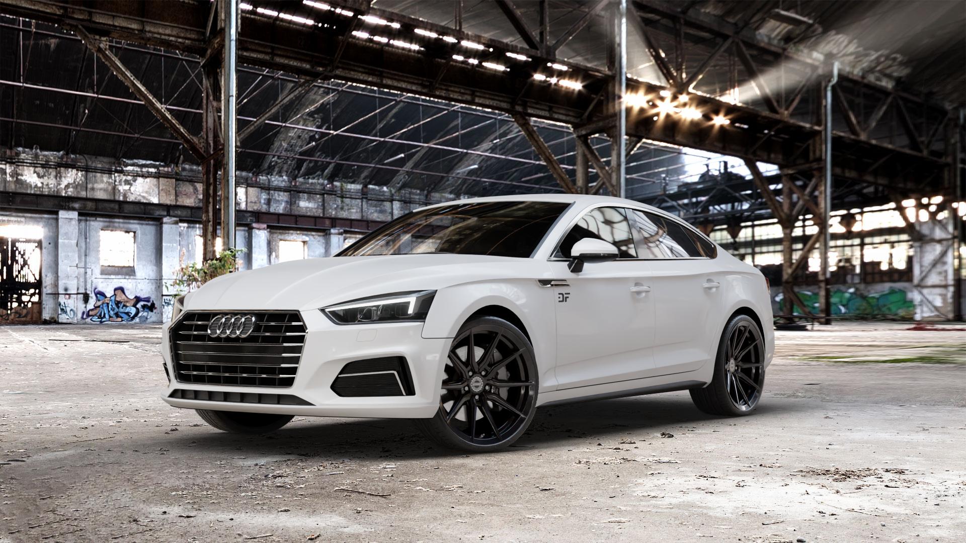 La Chanti Performance LC-P18 Glossy Black Felge mit Reifen schwarz in 20Zoll Winterfelge Alufelge auf weissem Audi A5 Typ B9 (Sportback) 2,0l TDI 140kW (190 PS) quattro TFSI 185kW (252 3,0l 160kW (218 200kW (272 1,4l 110kW (150 183kW (249 g-tron 125kW (170 Mild-Hybrid 10 ⬇️ mit 15mm Tieferlegung ⬇️ Old Industrial Hall_max_5300mm_2024 Frontansicht_1