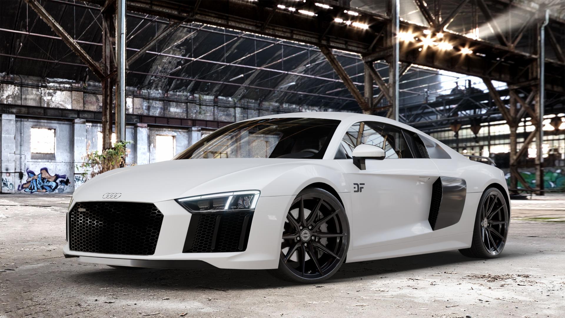 La Chanti Performance LC-P18 Glossy Black Felge mit Reifen schwarz in 20Zoll Winterfelge Alufelge auf weissem Audi R8 Typ 4S 15-> Spyder 16-> ⬇️ mit 15mm Tieferlegung ⬇️ Old Industrial Hall_max_4400mm_2024 Frontansicht_1