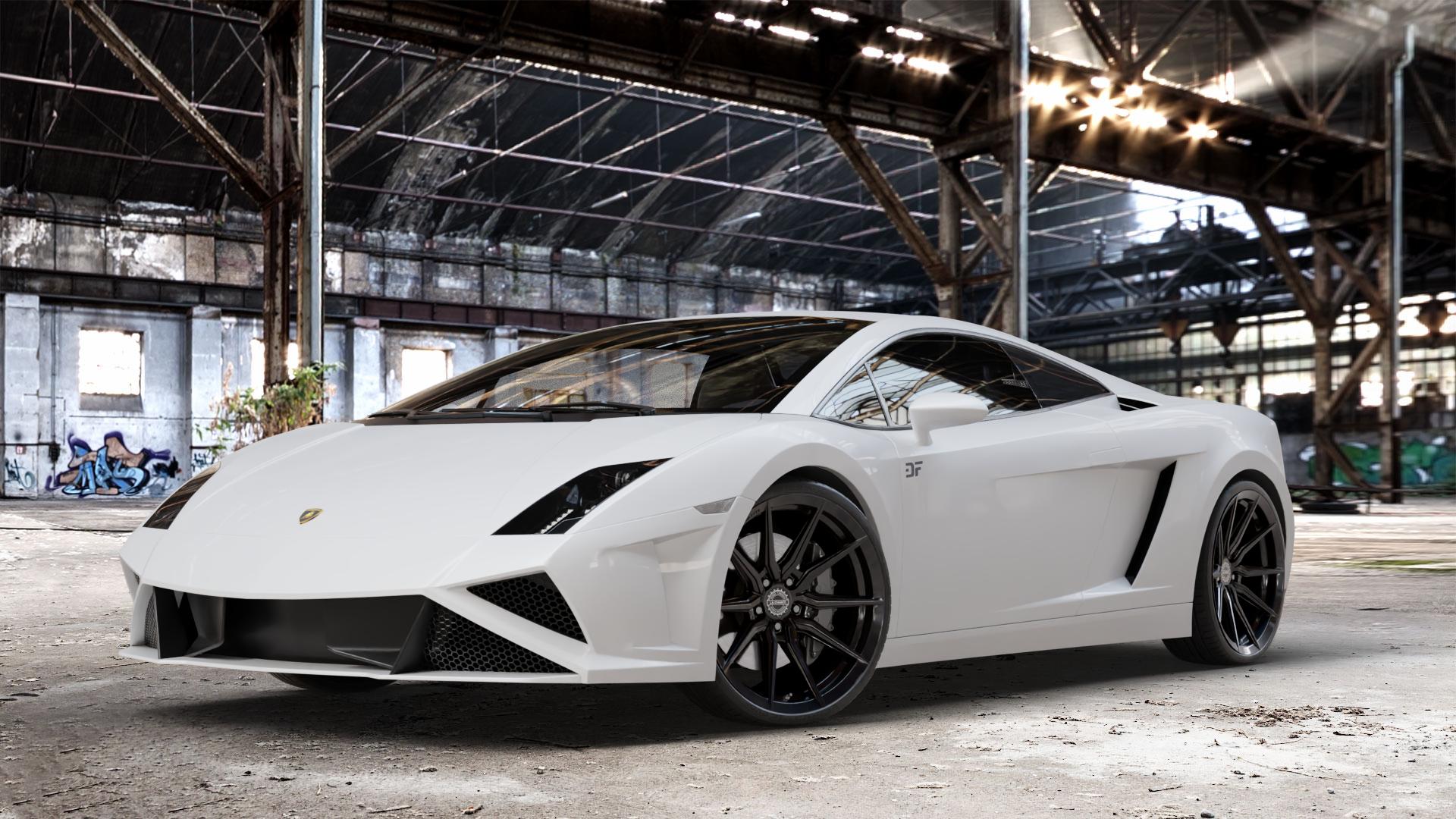 La Chanti Performance LC-P18 Glossy Black Felge mit Reifen schwarz in 20Zoll Winterfelge Alufelge auf weissem Lamborghini Gallardo ⬇️ mit 15mm Tieferlegung ⬇️ Old Industrial Hall_max_4400mm_2024 Frontansicht_1
