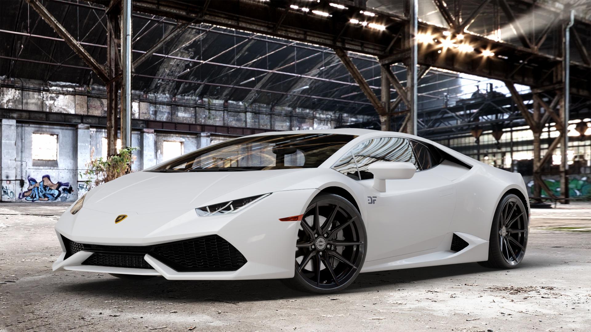 La Chanti Performance LC-P18 Glossy Black Felge mit Reifen schwarz in 20Zoll Winterfelge Alufelge auf weissem Lamborghini Huracán 5,2l 449kW LP610-4 (610 PS) 427kW LP580-2 (581 470kW Performante (639 ⬇️ mit 15mm Tieferlegung ⬇️ Old Industrial Hall_max_4400mm_2024 Frontansicht_1