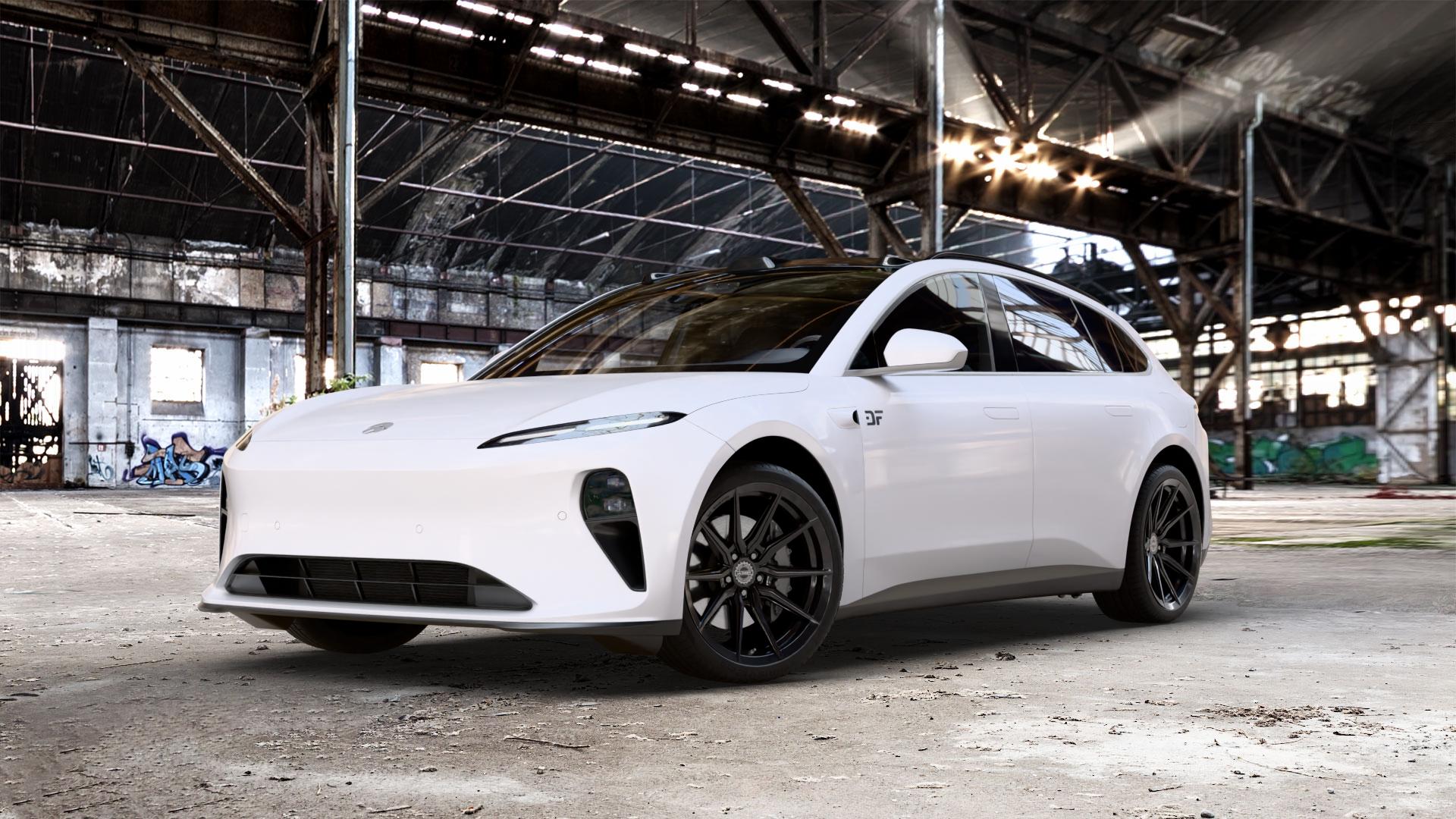 La Chanti Performance LC-P18 Glossy Black Felge mit Reifen schwarz in 20Zoll Winterfelge Alufelge auf weissem Nio ET5 Touring Typ NACC2T1 0,0l 100kW 4WD (136 PS) ⬇️ mit 15mm Tieferlegung ⬇️ Old Industrial Hall_max_5300mm_2024 Frontansicht_1