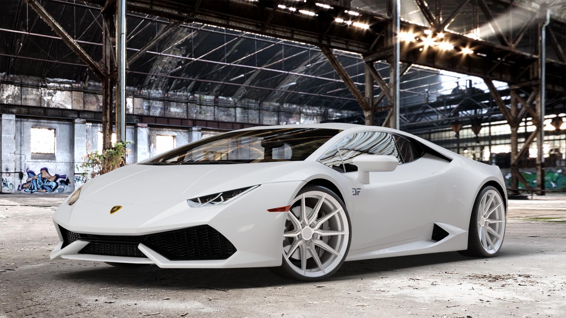 La Chanti Performance LC-P18 Machined Silver Felge mit Reifen silber in 20Zoll Winterfelge Alufelge auf weissem Lamborghini Huracán 5,2l 449kW LP610-4 (610 PS) 427kW LP580-2 (581 470kW Performante (639 ⬇️ mit 15mm Tieferlegung ⬇️ Old Industrial Hall_max_4400mm_2024 Frontansicht_1