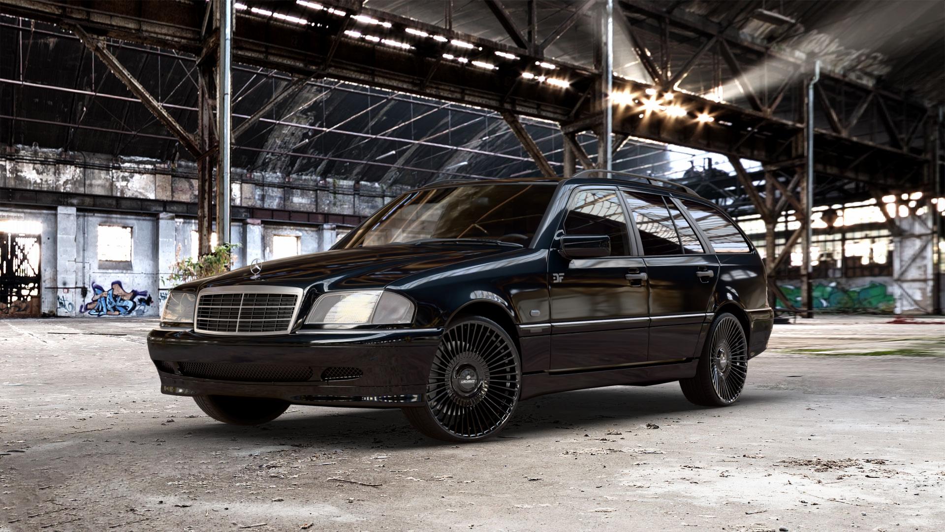 La Chanti Performance LC-P19 (Floating Cap) Glossy Black Felge mit Reifen schwarz in 20Zoll Winterfelge Alufelge auf metallic schwarzem Mercedes C-Klasse Typ S202 Kombi ⬇️ mit 15mm Tieferlegung ⬇️ Old Industrial Hall_max_5300mm_2024 Frontansicht_1