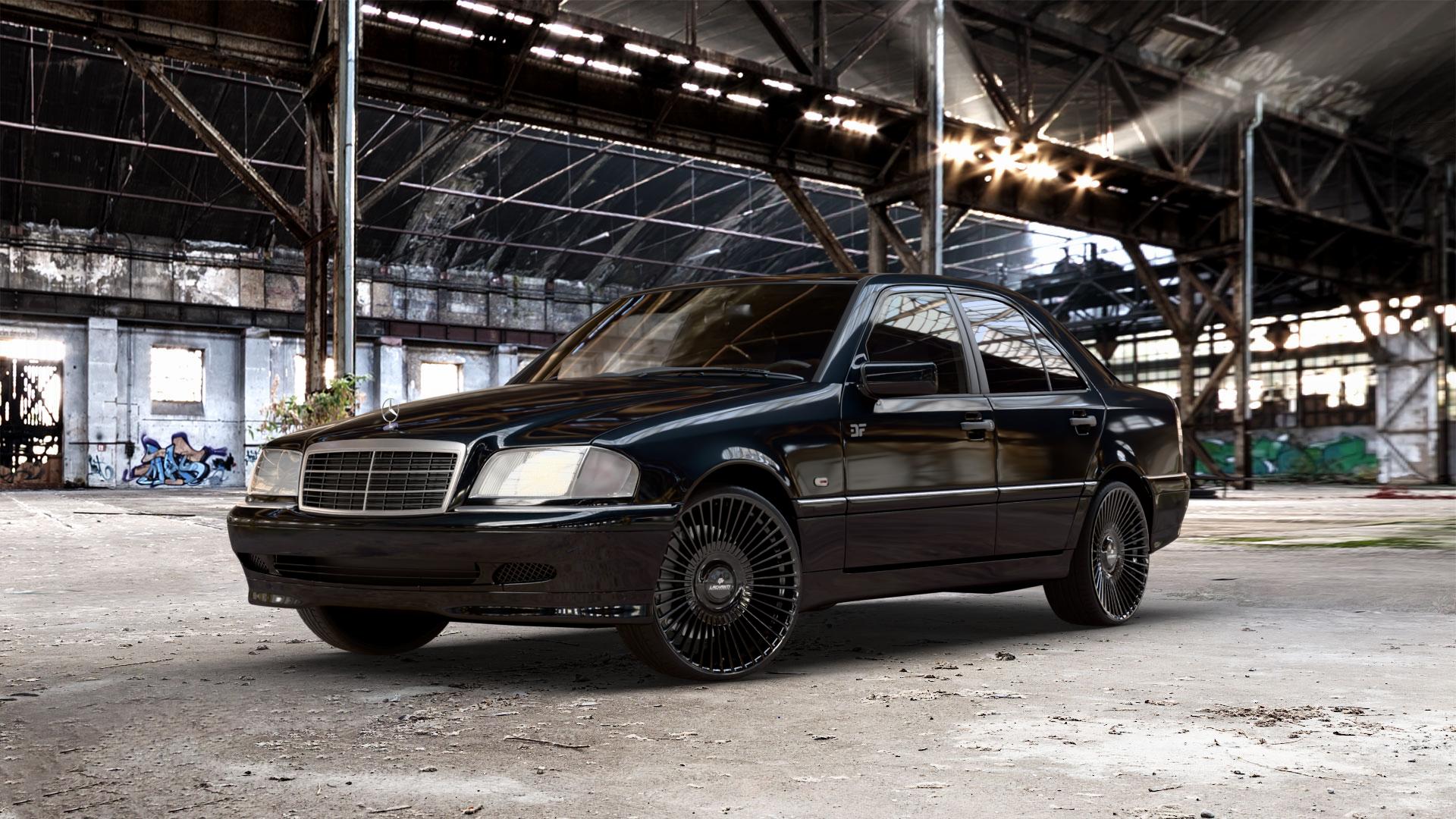 La Chanti Performance LC-P19 (Floating Cap) Glossy Black Felge mit Reifen schwarz in 20Zoll Winterfelge Alufelge auf metallic schwarzem Mercedes C-Klasse Typ W202 Limousine ⬇️ mit 15mm Tieferlegung ⬇️ Old Industrial Hall_max_5300mm_2024 Frontansicht_1