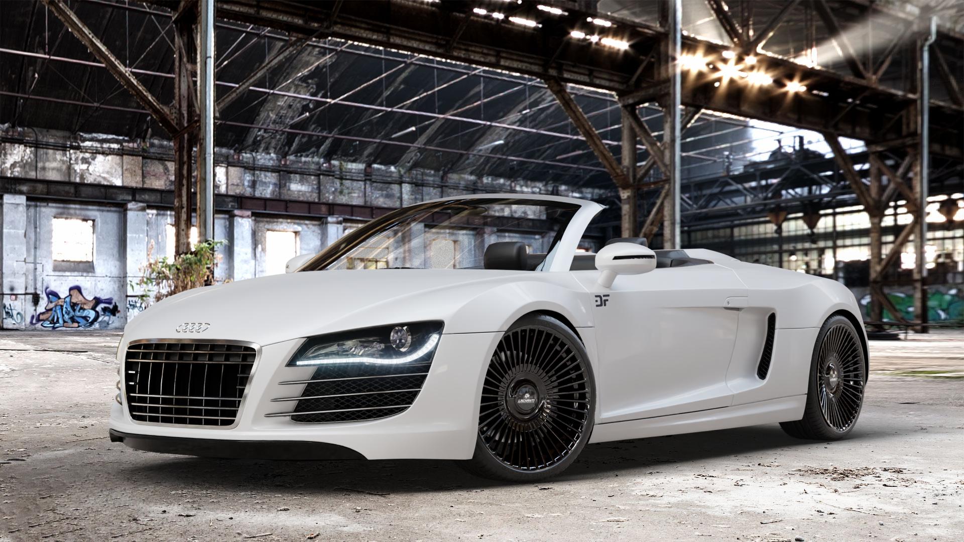 La Chanti Performance LC-P19 (Floating Cap) Glossy Black Felge mit Reifen schwarz in 20Zoll Winterfelge Alufelge auf weissem Audi R8 Spyder Typ 42 Facelift 12-> ⬇️ mit 15mm Tieferlegung ⬇️ Old Industrial Hall_max_4400mm_2024 Frontansicht_1