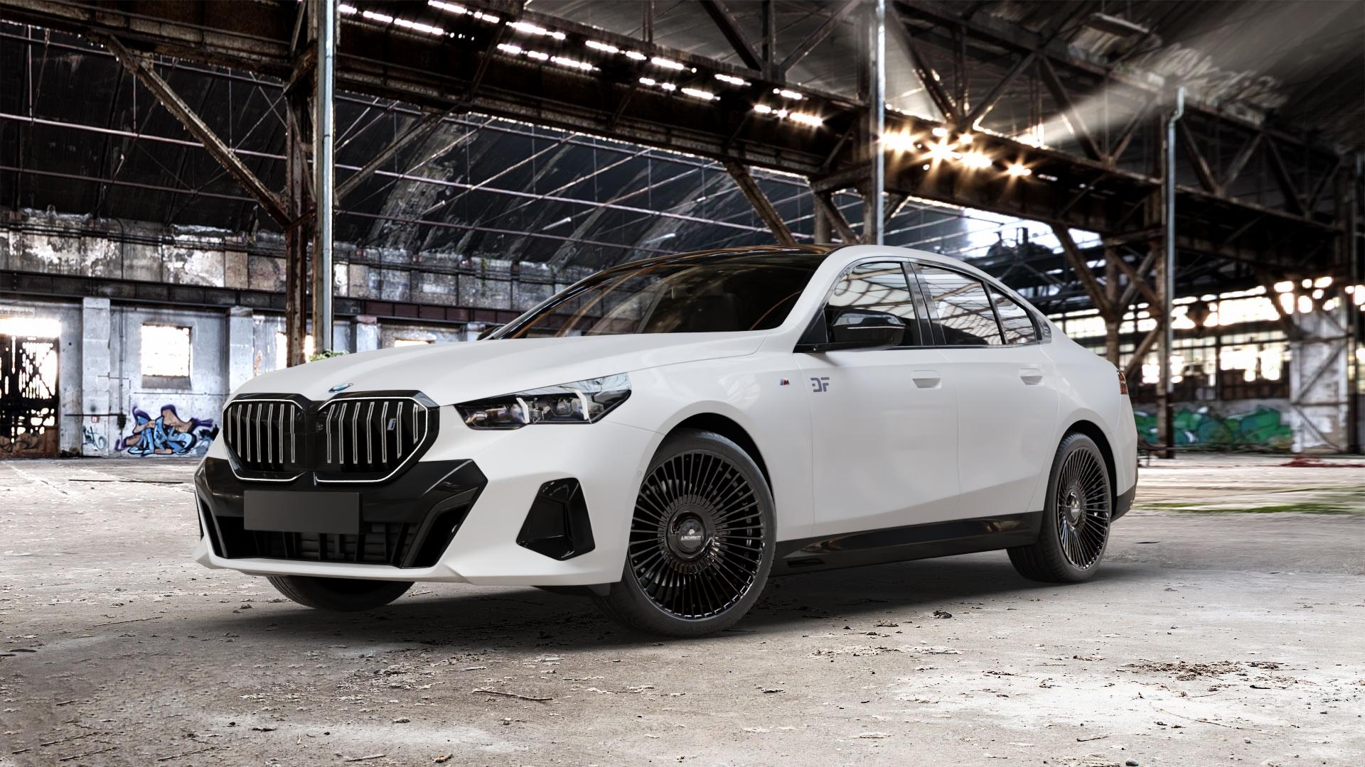 La Chanti Performance LC-P19 (Floating Cap) Glossy Black Felge mit Reifen schwarz in 20Zoll Winterfelge Alufelge auf weissem BMW i5 (G6E) 0,0l M60 xDrive 127kW (173 PS) ⬇️ mit 15mm Tieferlegung ⬇️ Old Industrial Hall_max_5300mm_2024 Frontansicht_1