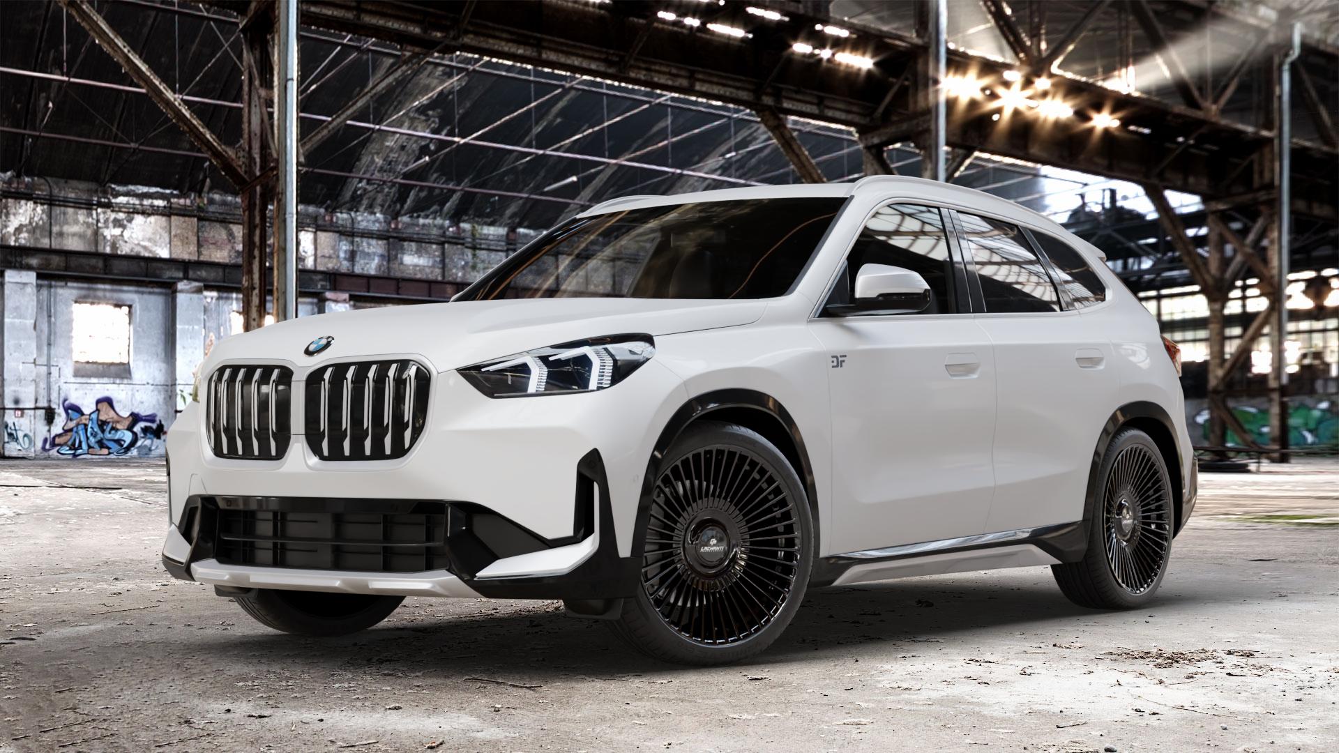 La Chanti Performance LC-P19 (Floating Cap) Glossy Black Felge mit Reifen schwarz in 20Zoll Winterfelge Alufelge auf weissem BMW X1 Typ U11 (U1X) ⬇️ mit 15mm Tieferlegung ⬇️ Old Industrial Hall_max_4400mm_2024 Frontansicht_1
