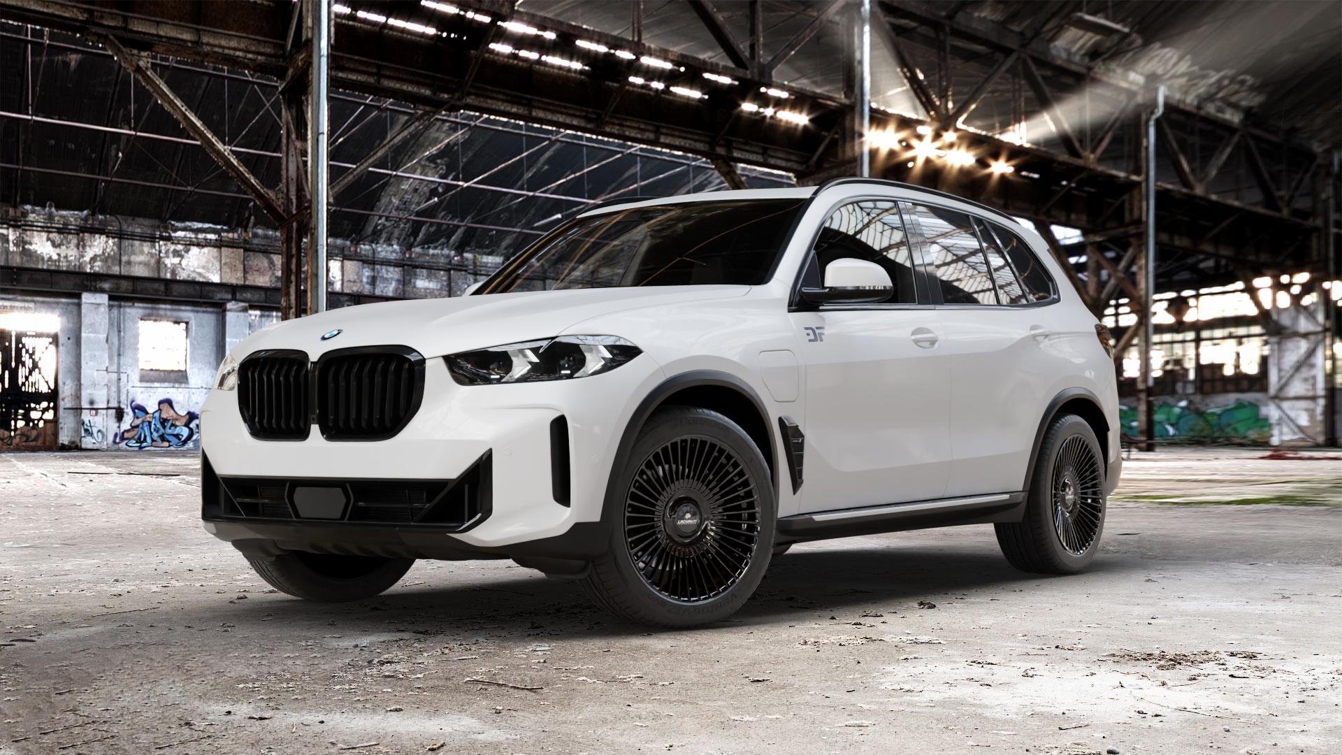 La Chanti Performance LC-P19 (Floating Cap) Glossy Black Felge mit Reifen schwarz in 20Zoll Winterfelge Alufelge auf weissem BMW X5 Typ G05 (G5X) Facelift ⬇️ mit 15mm Tieferlegung ⬇️ Old Industrial Hall_max_5300mm_2024 Frontansicht_1