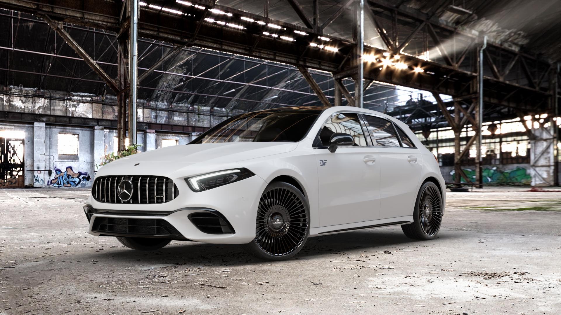 La Chanti Performance LC-P19 (Floating Cap) Glossy Black Felge mit Reifen schwarz in 20Zoll Winterfelge Alufelge auf weissem Mercedes A-Klasse IV Typ 177 (F2A) Schrägheck 2,0l AMG A 35 4Matic 225kW (306 PS) 45 285kW (387 S 310kW (421 Facelift Mild-Hybrid ⬇️ mit 15mm Tieferlegung ⬇️ Old Industrial Hall_max_5300mm_2024 Frontansicht_1