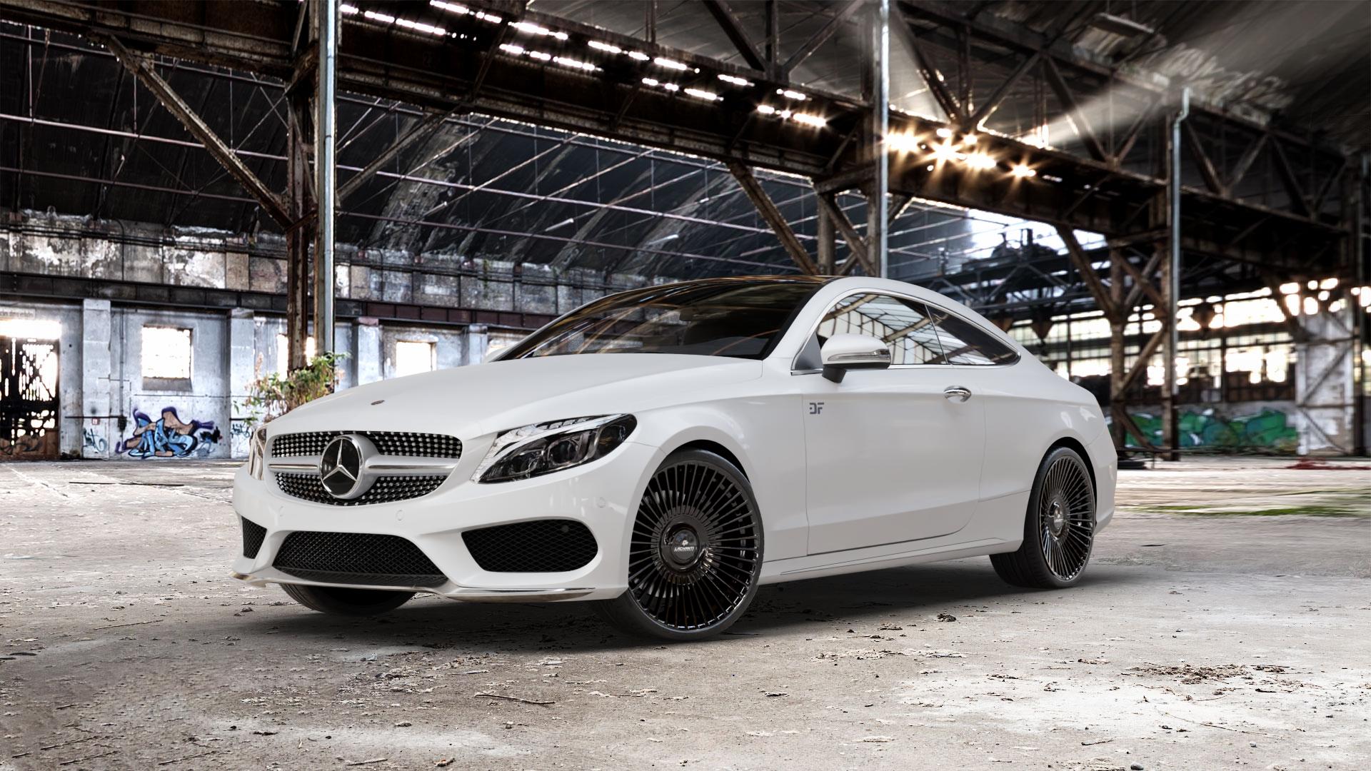 La Chanti Performance LC-P19 (Floating Cap) Glossy Black Felge mit Reifen schwarz in 20Zoll Winterfelge Alufelge auf weissem Mercedes C-Klasse Typ C205 Coupe Facelift ⬇️ mit 15mm Tieferlegung ⬇️ Old Industrial Hall_max_5300mm_2024 Frontansicht_1
