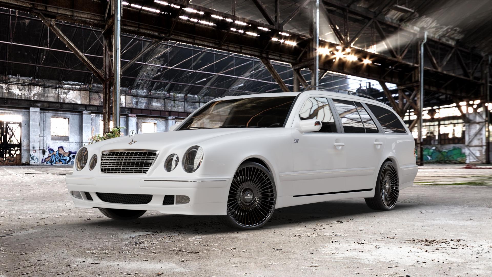 La Chanti Performance LC-P19 (Floating Cap) Glossy Black Felge mit Reifen schwarz in 20Zoll Winterfelge Alufelge auf weissem Mercedes E-Klasse Typ S210 Kombi ⬇️ mit 15mm Tieferlegung ⬇️ Old Industrial Hall_max_5300mm_2024 Frontansicht_1