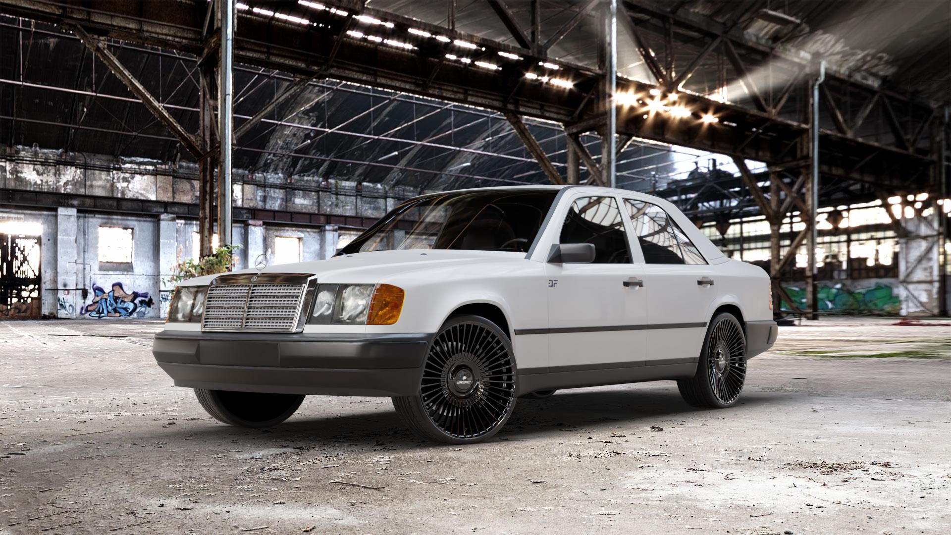 La Chanti Performance LC-P19 (Floating Cap) Glossy Black Felge mit Reifen schwarz in 20Zoll Winterfelge Alufelge auf weissem Mercedes E-Klasse Typ W124 Limousine ⬇️ mit 15mm Tieferlegung ⬇️ Old Industrial Hall_max_5300mm_2024 Frontansicht_1