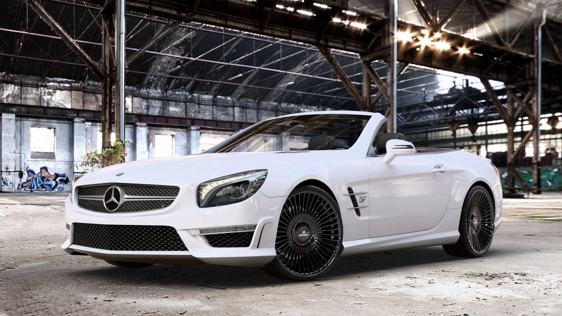 La Chanti Performance LC-P19 (Floating Cap) Glossy Black Felge mit Reifen schwarz in 20Zoll Winterfelge Alufelge auf weissem Mercedes SL Typ R231 5,5l 63 AMG 395kW (537 PS) 6,0l 65 463kW (630 ⬇️ mit 15mm Tieferlegung ⬇️ Old Industrial Hall_max_4400mm_2024 Frontansicht_1