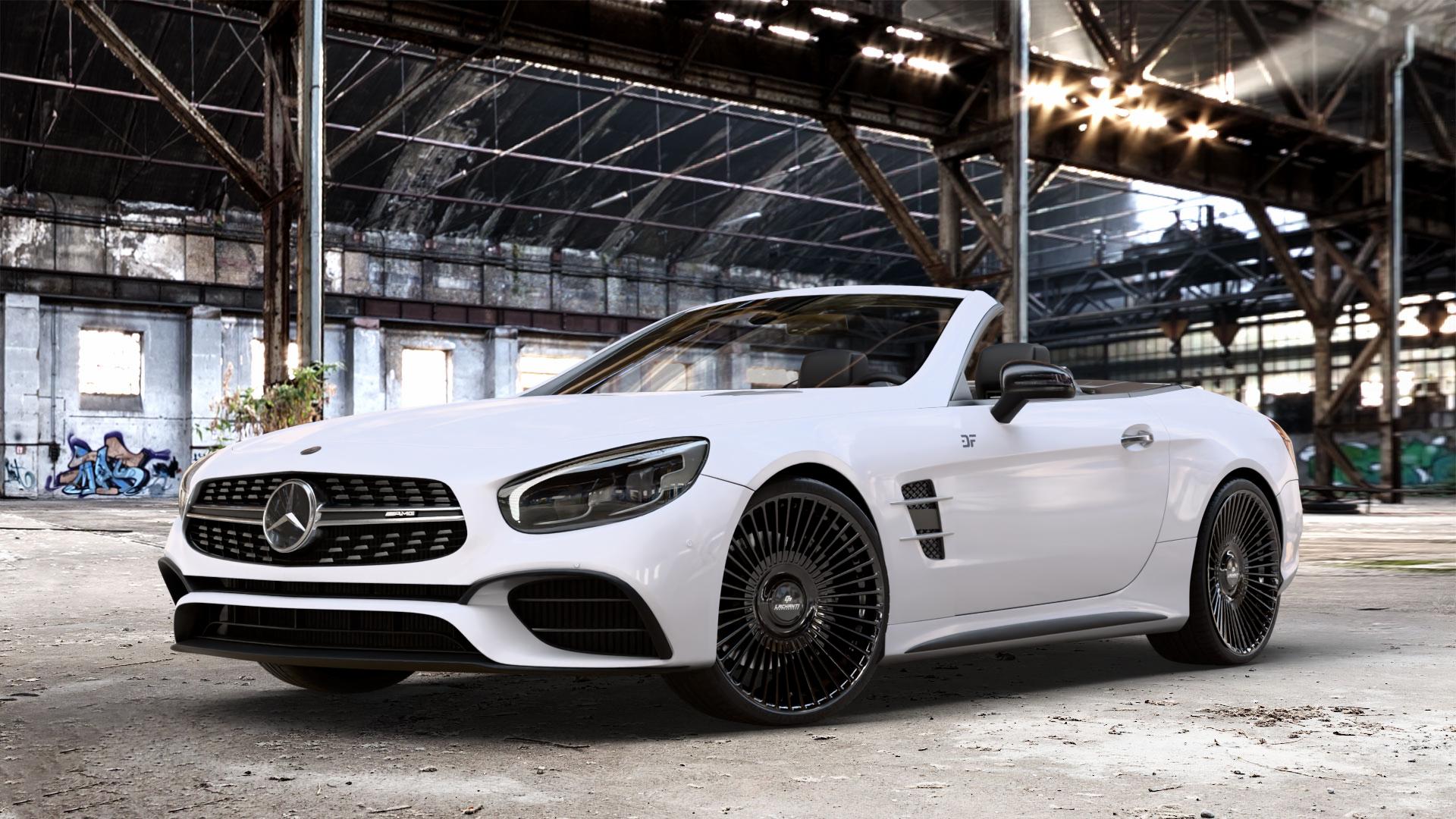 La Chanti Performance LC-P19 (Floating Cap) Glossy Black Felge mit Reifen schwarz in 20Zoll Winterfelge Alufelge auf weissem Mercedes SL Typ R231 Facelift 5,5l 63 AMG 430kW (585 PS) 6,0l 65 463kW (630 420kW (571 ⬇️ mit 15mm Tieferlegung ⬇️ Old Industrial Hall_max_4400mm_2024 Frontansicht_1