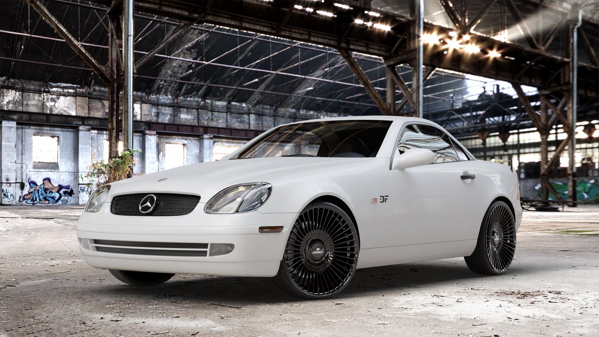 La Chanti Performance LC-P19 (Floating Cap) Glossy Black Felge mit Reifen schwarz in 20Zoll Winterfelge Alufelge auf weissem Mercedes SLK Typ R170 ⬇️ mit 15mm Tieferlegung ⬇️ Old Industrial Hall_max_4400mm_2024 Frontansicht_1