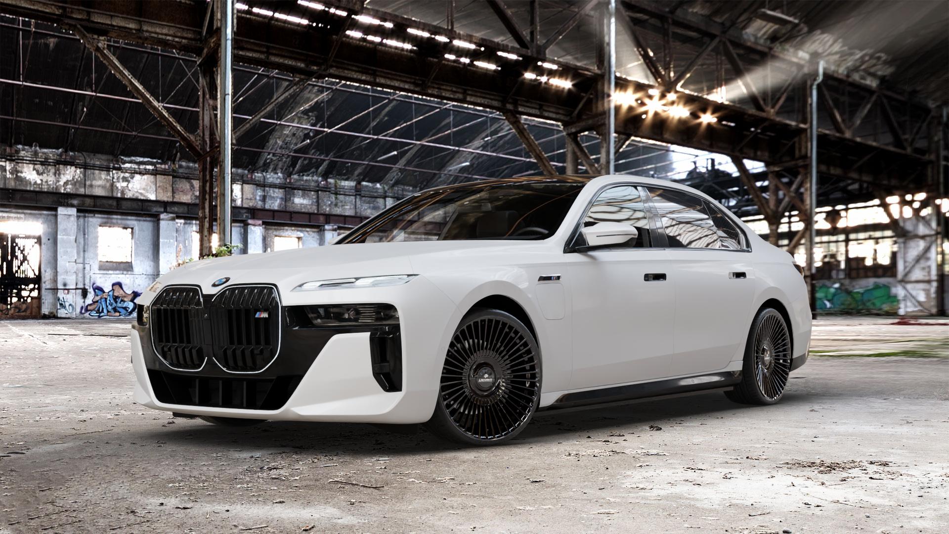 La Chanti Performance LC-P19 (Floating Cap) Glossy Black Felge mit Reifen schwarz in 21Zoll Winterfelge Alufelge auf weissem BMW M760e xDrive Typ G70 ⬇️ mit 15mm Tieferlegung ⬇️ Old Industrial Hall_max_5300mm_2024 Frontansicht_1