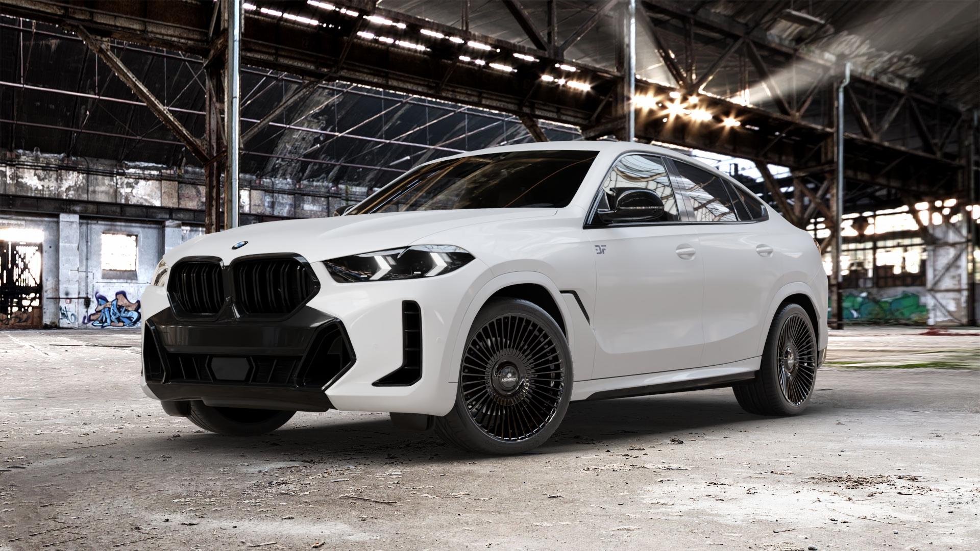 La Chanti Performance LC-P19 (Floating Cap) Glossy Black Felge mit Reifen schwarz in 21Zoll Winterfelge Alufelge auf weissem BMW X6 Typ G06 (G6X) Facelift ⬇️ mit 15mm Tieferlegung ⬇️ Old Industrial Hall_max_5300mm_2024 Frontansicht_1