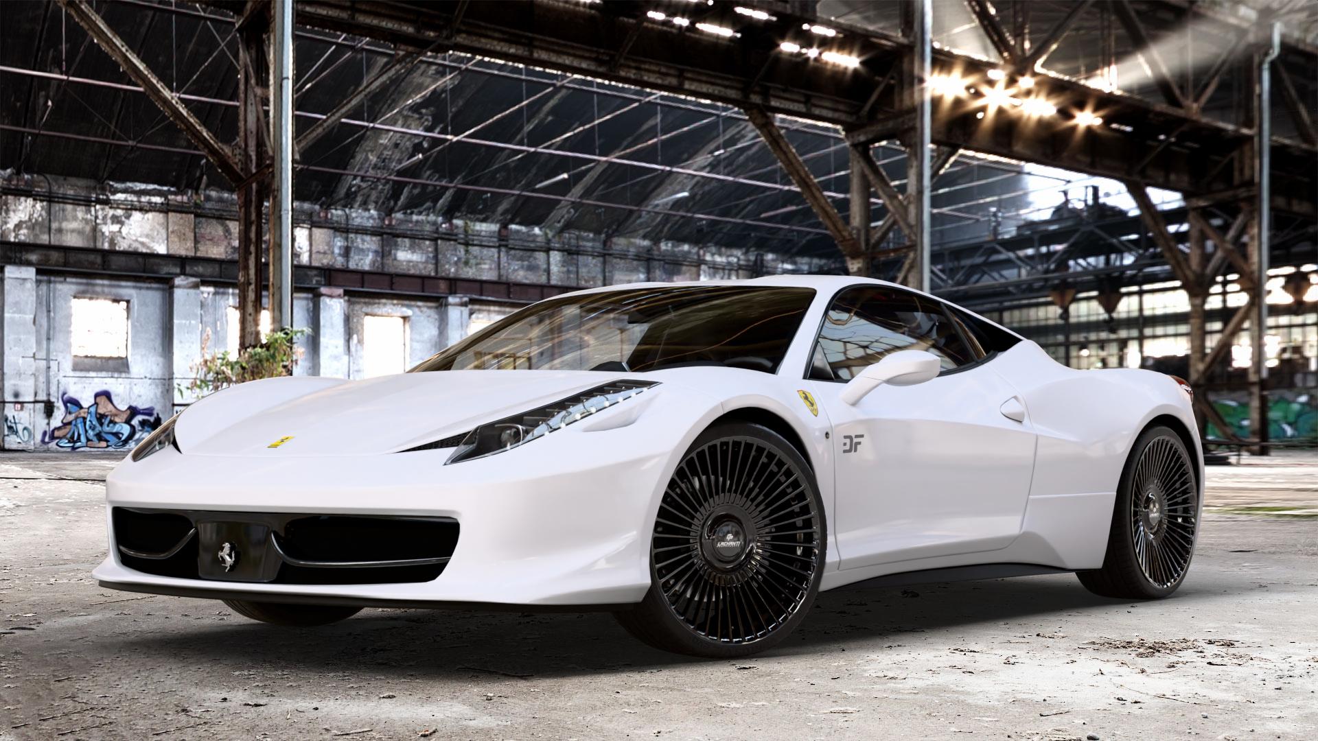 La Chanti Performance LC-P19 (Floating Cap) Glossy Black Felge mit Reifen schwarz in 21Zoll Winterfelge Alufelge auf weissem Ferrari 458 Italia ⬇️ mit 15mm Tieferlegung ⬇️ Old Industrial Hall_max_4400mm_2024 Frontansicht_1